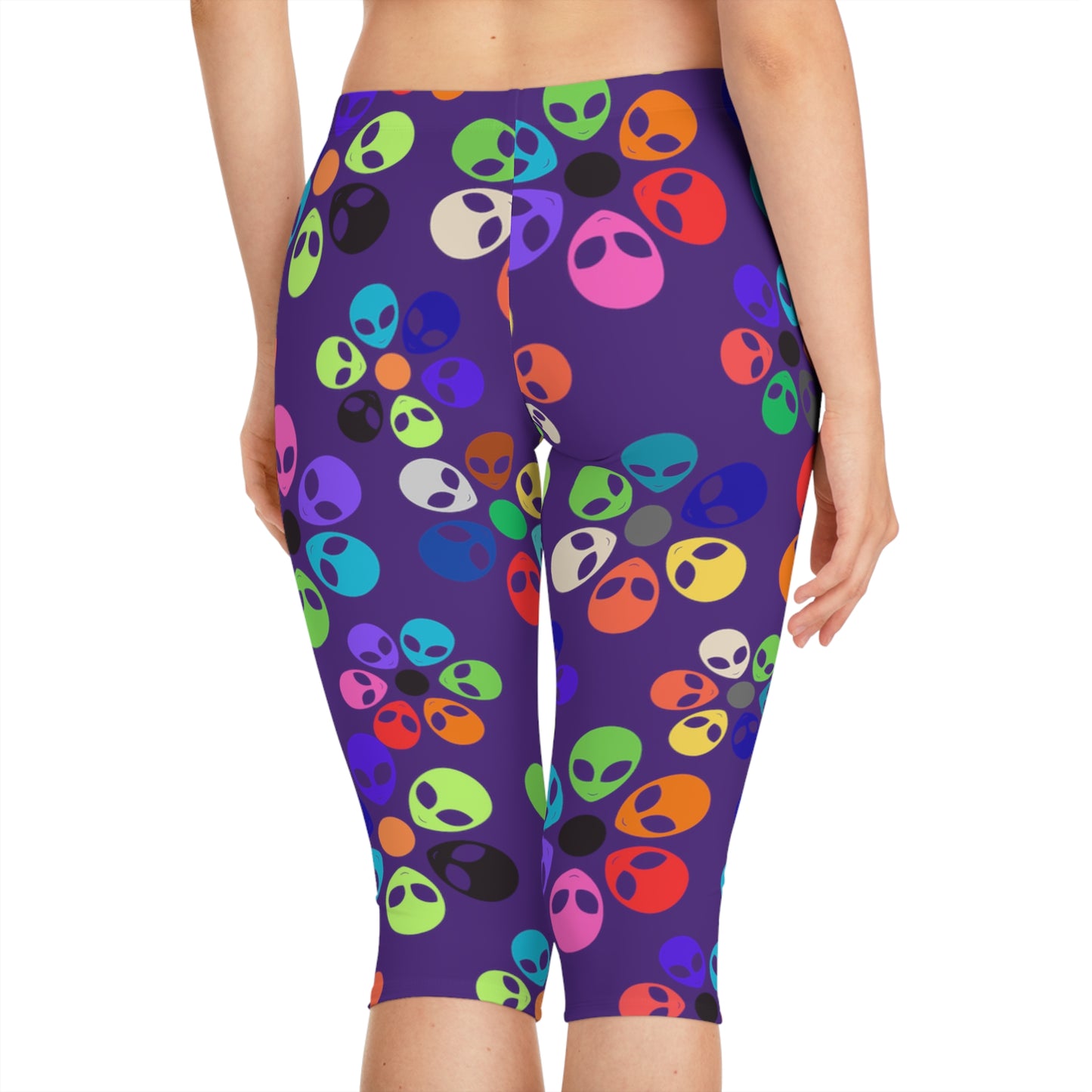 Colorful Alien Floral Capri Leggings Fun Fitness Pants Yoga Wear Unique Beachwear Festival Style Casual Summer Outfit Alien Rainbow Flowers Purple