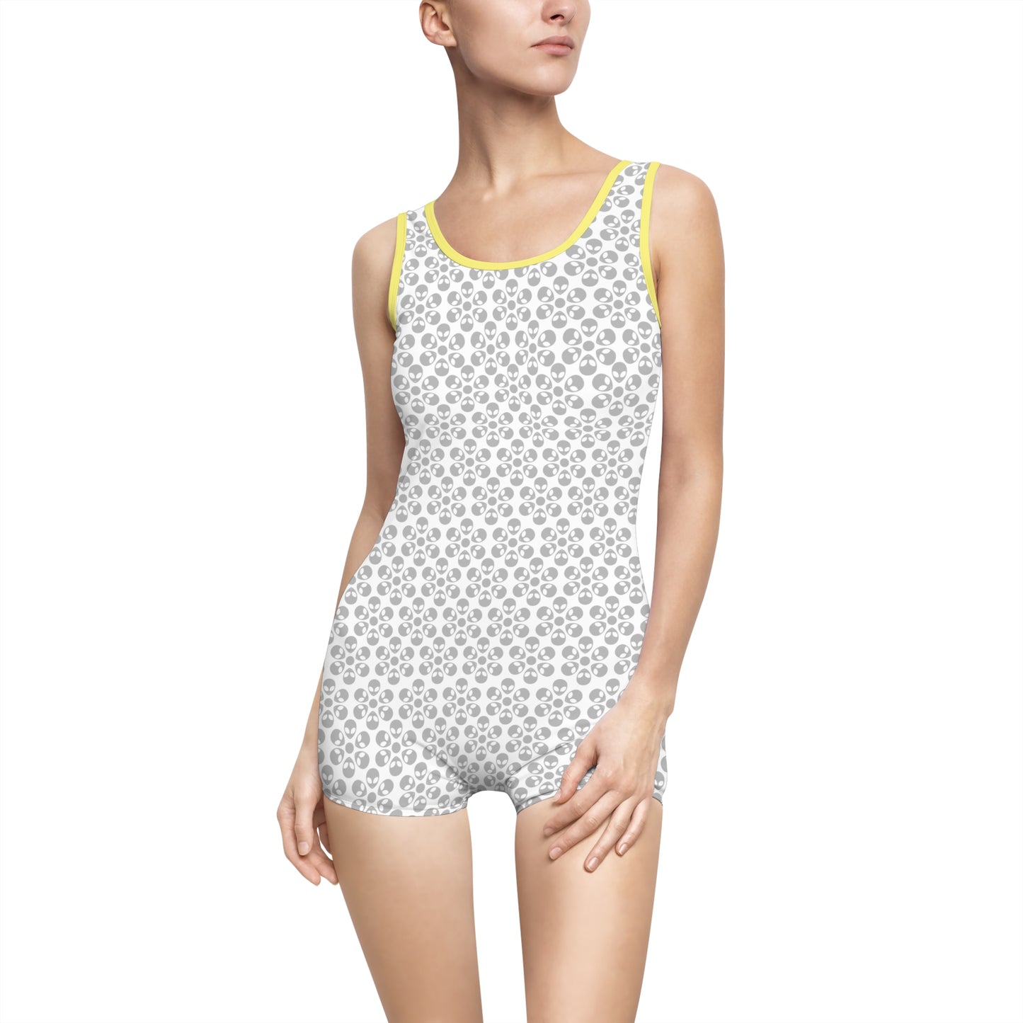 Womens Vintage Swimsuit Alien Flowers White