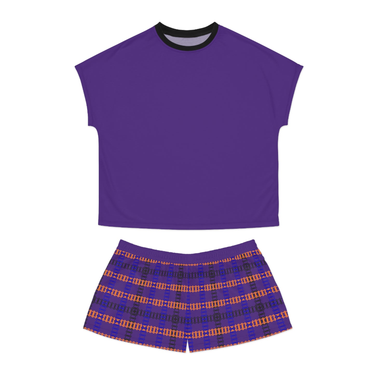 Cozy Womens Pajama Set for Relaxation Sleepwear Loungewear Gift for Her Stylish AOP Design Train Tracks Purple