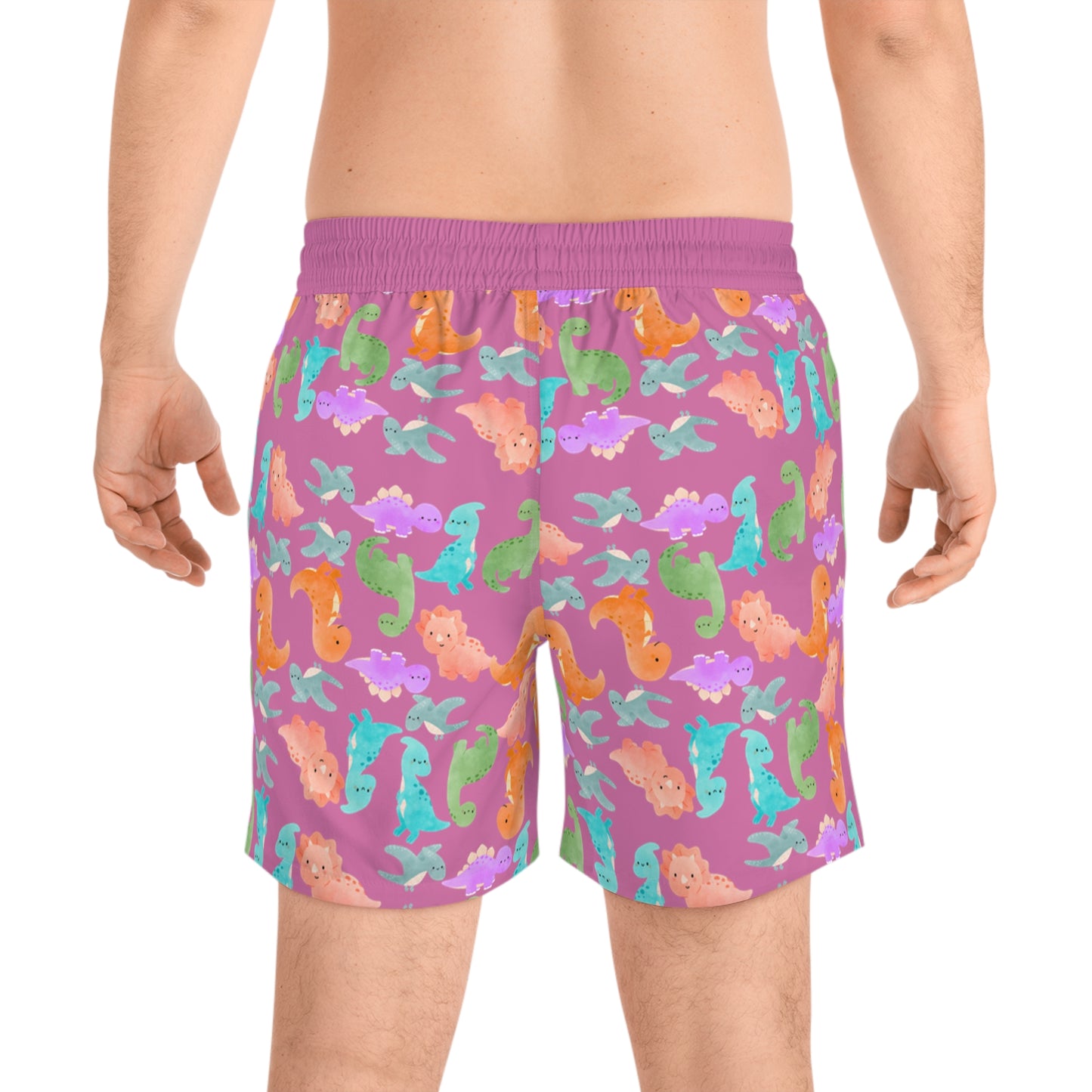 Colorful Dino Swim Shorts for Men | Beachwear Summer Fun Pool Parties Vacation Essentials Nautical Style Rainbow Dinos Light Pink