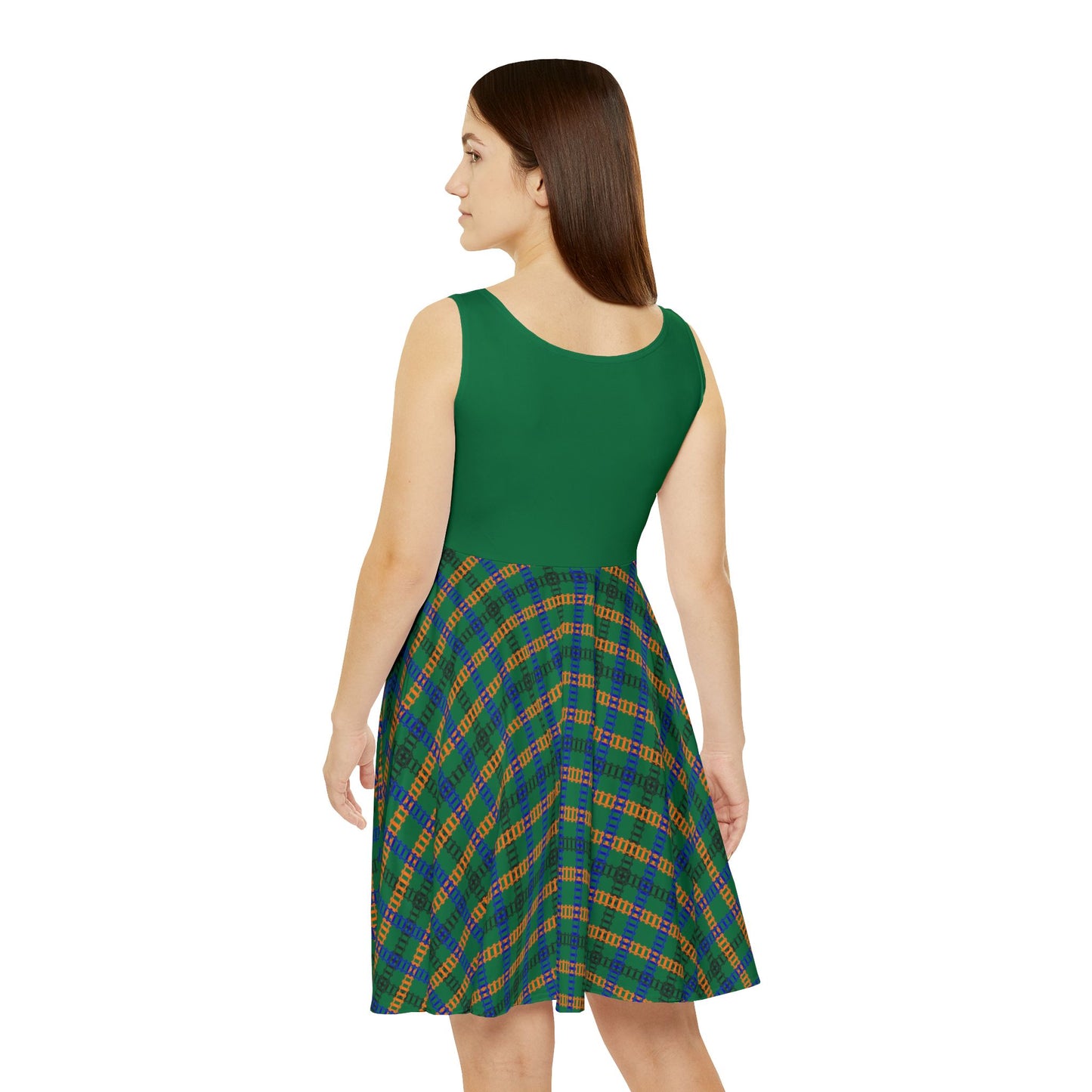 Chic Womens Skater Dress Plaid AOP Dress for Everyday Wear Summer Party Dress Casual Outing Festival Fashion Gift for Her Train Tracks Dark Green