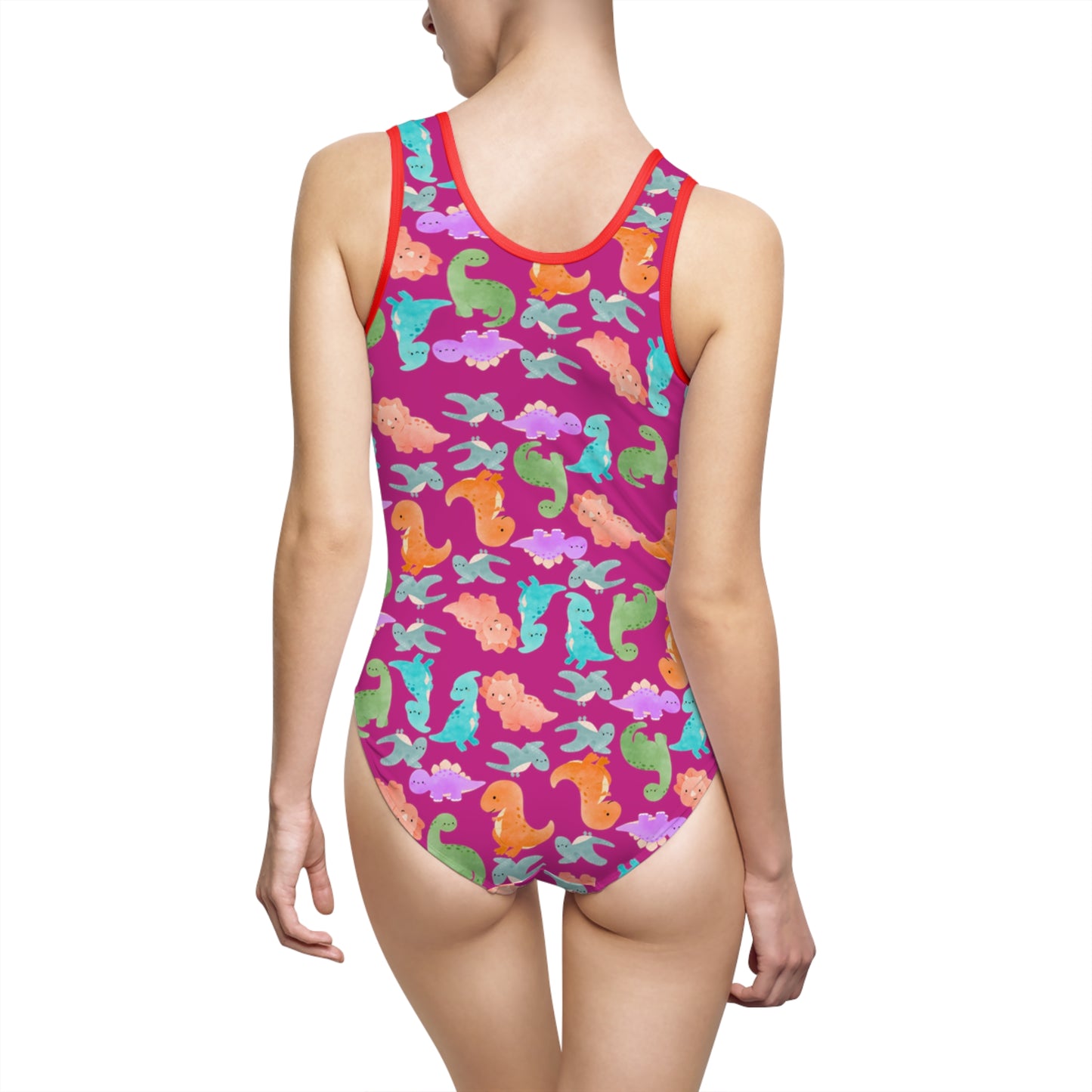 Vibrant Womens OnePiece Swimsuit Fun Summer Swimwear Beach Day Essential Pool Party Outfit Retro Style Swim Suit Rainbow Dinos Pink