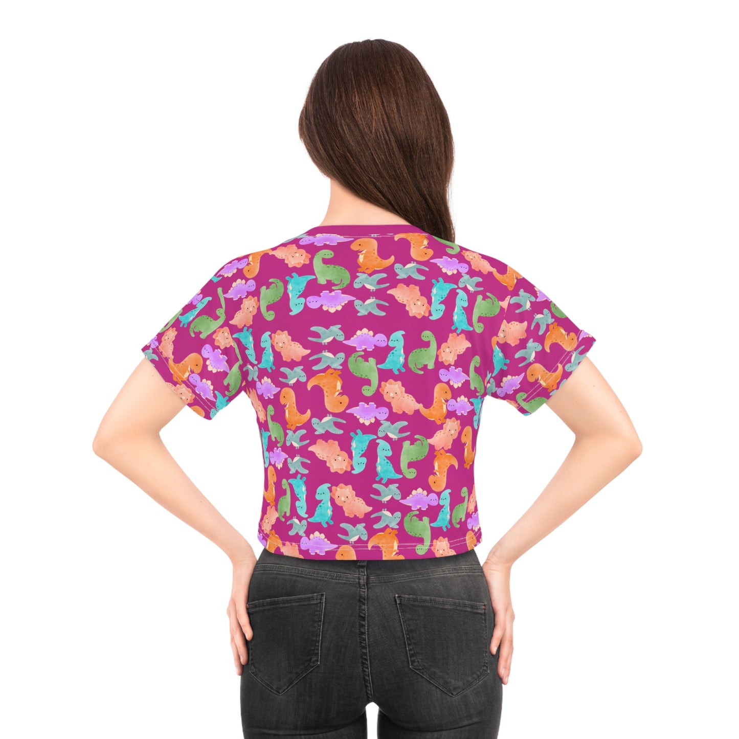 Whimsical Dinosaur Crop Tee for Kids Cheerful Summer Top Fun Gift for Dinosaur Lovers Playful TShirt for Birthdays Trendy Casual Wear Rainbow Dinos Pink