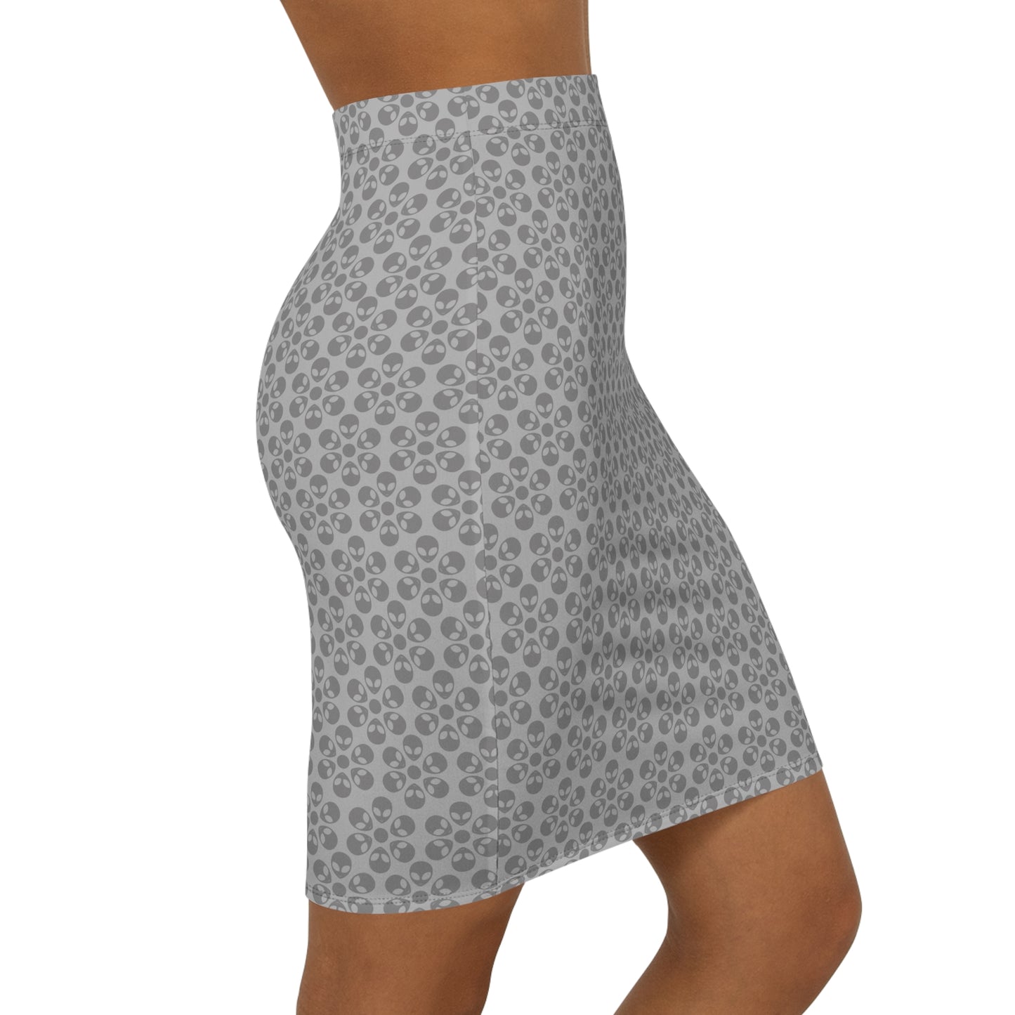 Womens MidWaist Pencil Skirt Alien Flowers Light Grey