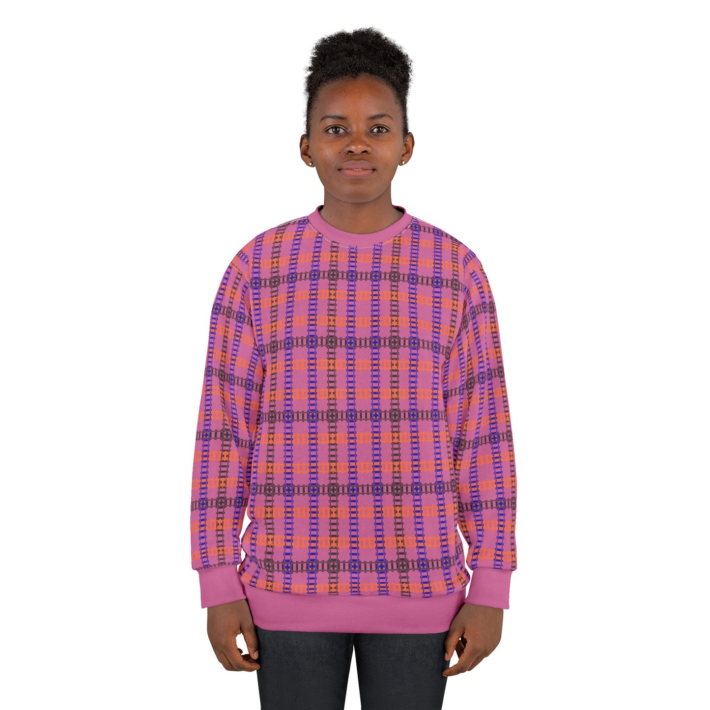 Cozy Plaid Unisex Sweatshirt Perfect for Fall Casual Wear Gift for Him/Her Halloween Warm & Stylish Train Tracks Light Pink