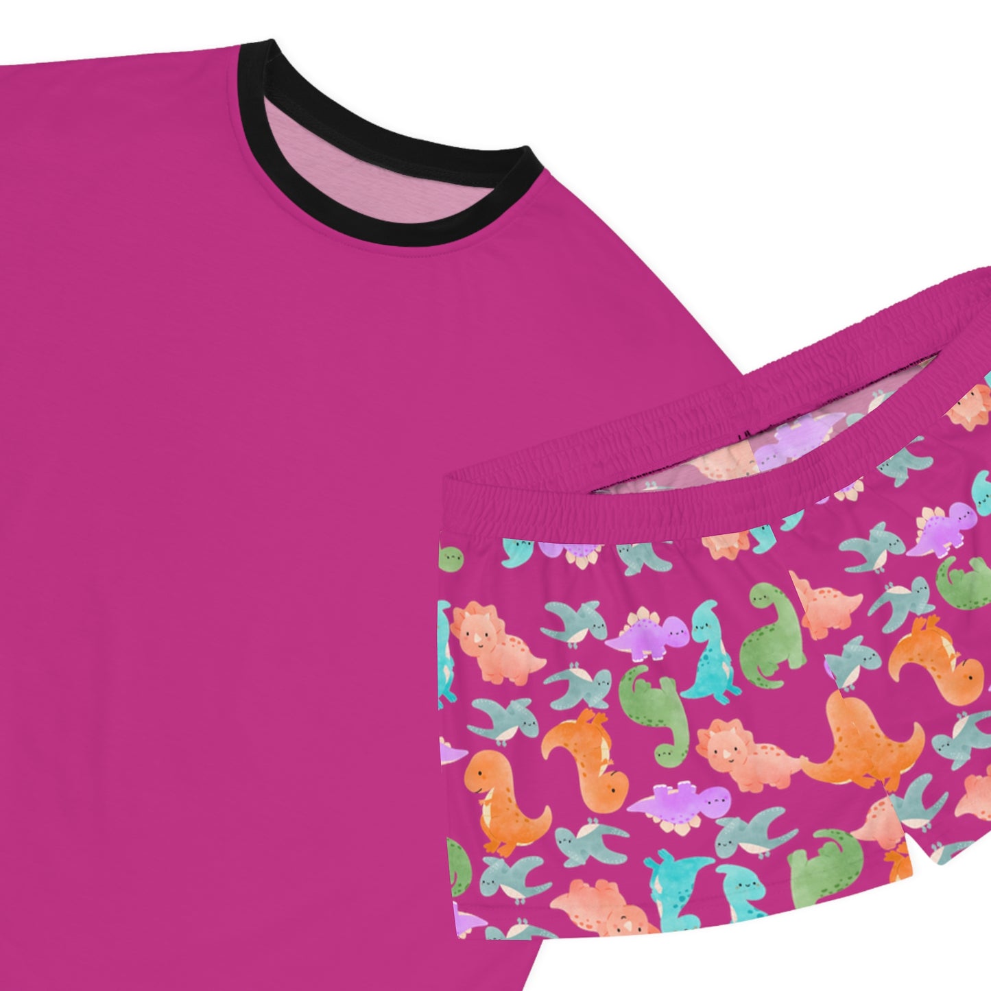 Womens Dinosaur Print Pajama Set Cozy Sleepwear Perfect for Relaxation Gift for Her Cute Loungewear Summer Nights Dinosaur Lovers Rainbow Dinos Pink