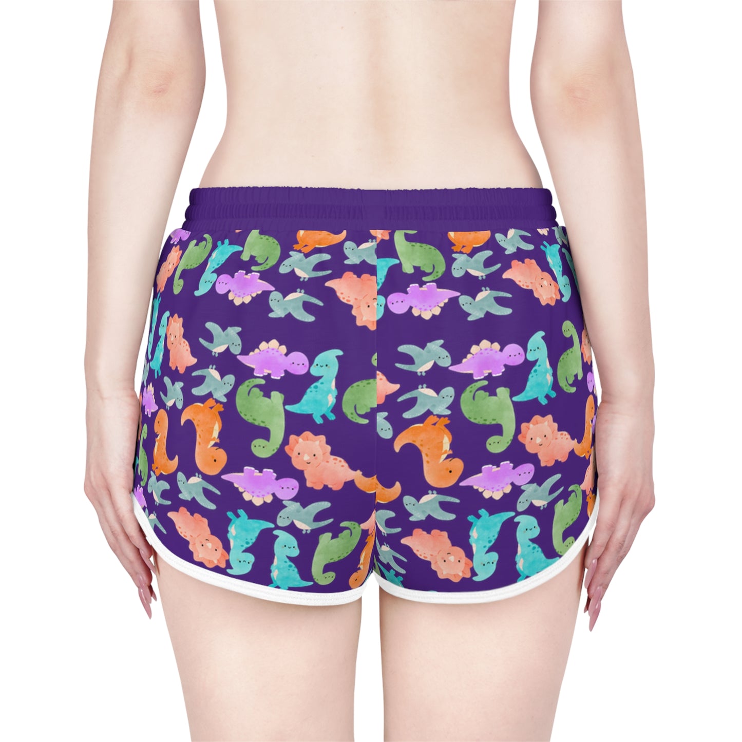 Colorful Dino Print Womens Relaxed Shorts Perfect for Summer Beachwear Loungewear Gift for Her Casual Style Rainbow Dinos Purple
