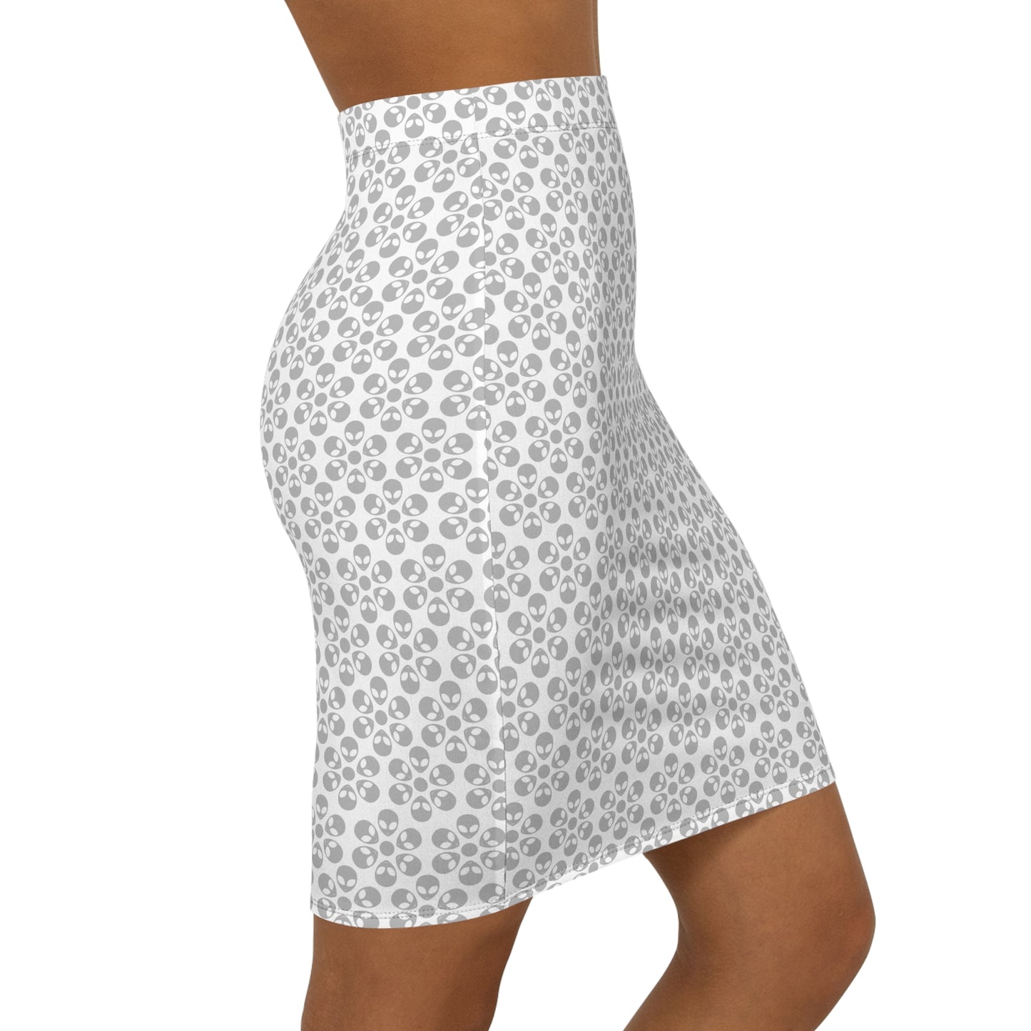Womens MidWaist Pencil Skirt Alien Flowers White