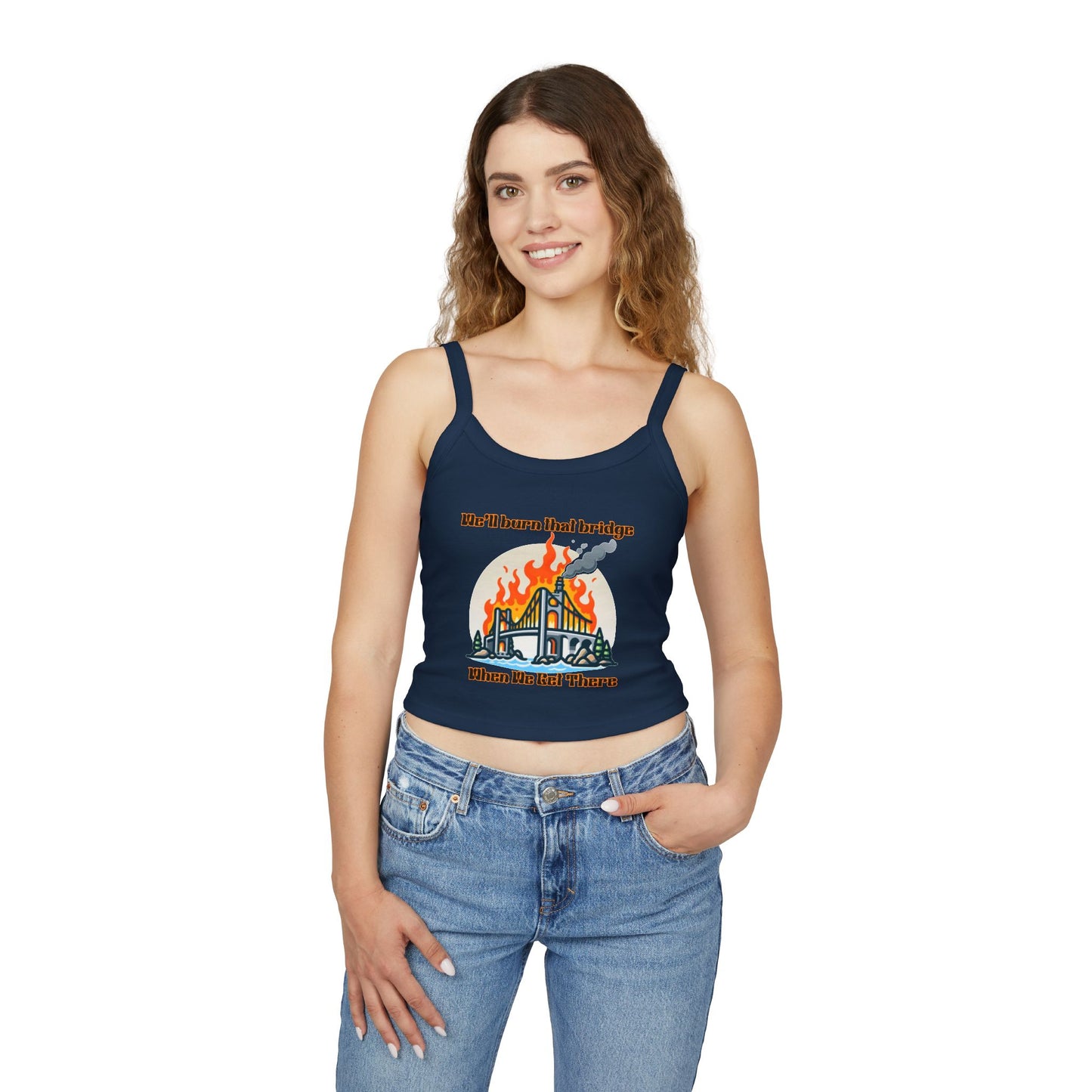 Fire Bridge Graphic Spaghetti Strap Tank Top - Casual Summer Apparel for Fun Days Out