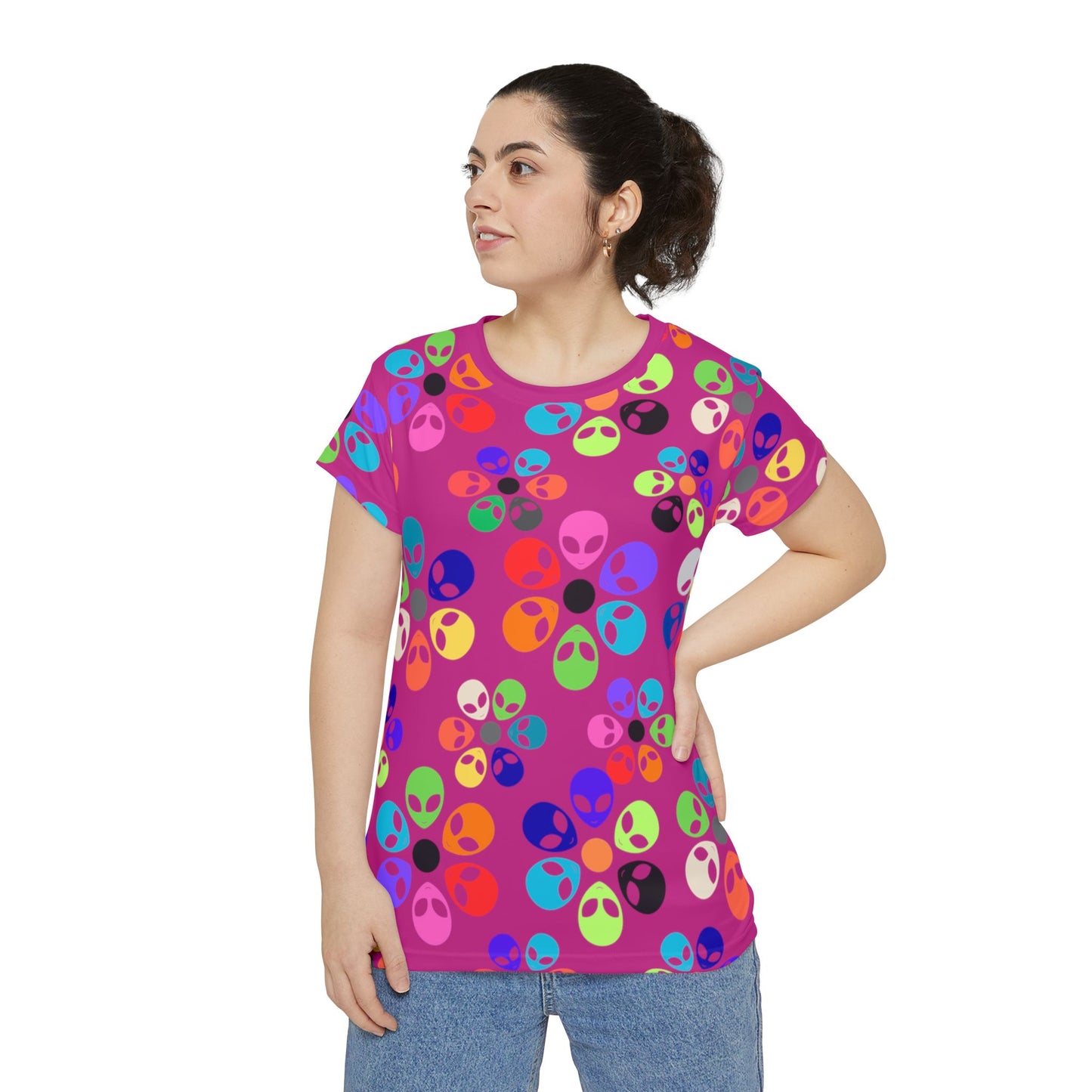 Colorful Alien Print Womens Tee Fun Graphic Shirt for Casual Wear Unique Gift for Alien Lovers Perfect for Festivals and Everyday Style Alien Rainbow Flowers Pink