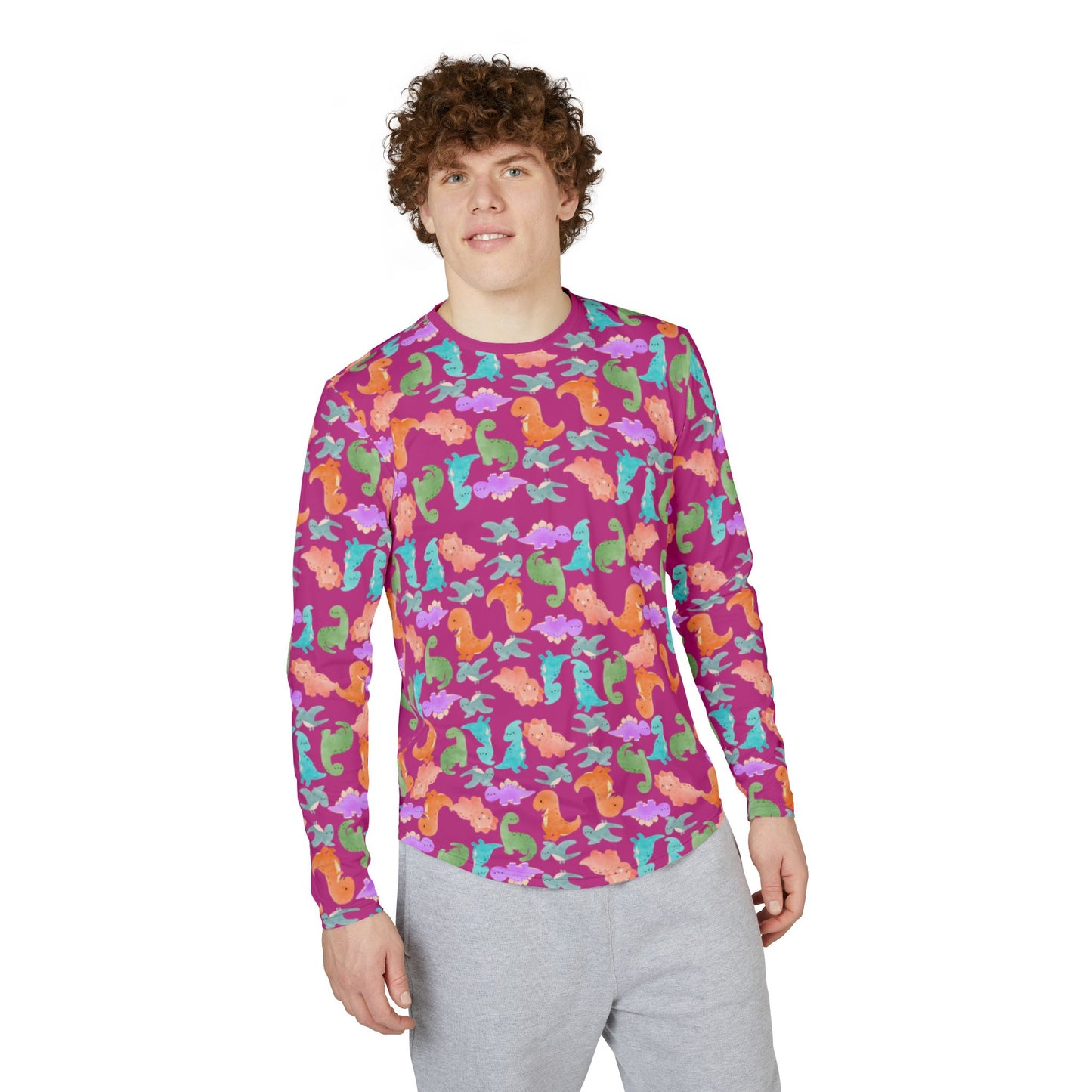 Colorful Dino UV Protection Shirt for Men | Long Sleeve Sun Shirt Outdoor Apparel Beachwear Vacation Top Summer Essentials Rainbow Dinos Pink