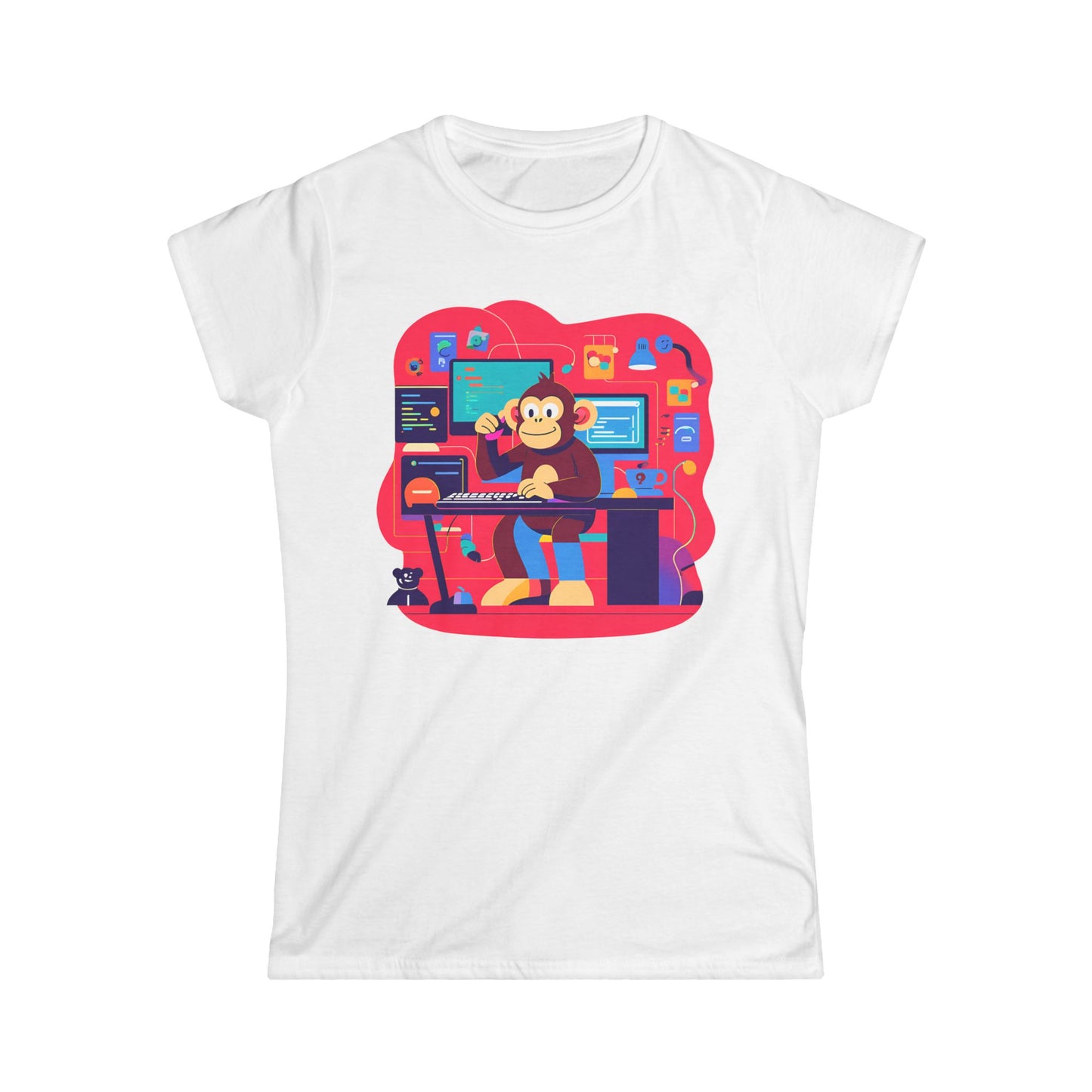 Cute Gamer Monkey Tee, Women's Gaming Shirt, Fun Softstyle Tee, Anime Style T-Shirt, Gift for Gamers, Cute Animal Apparel