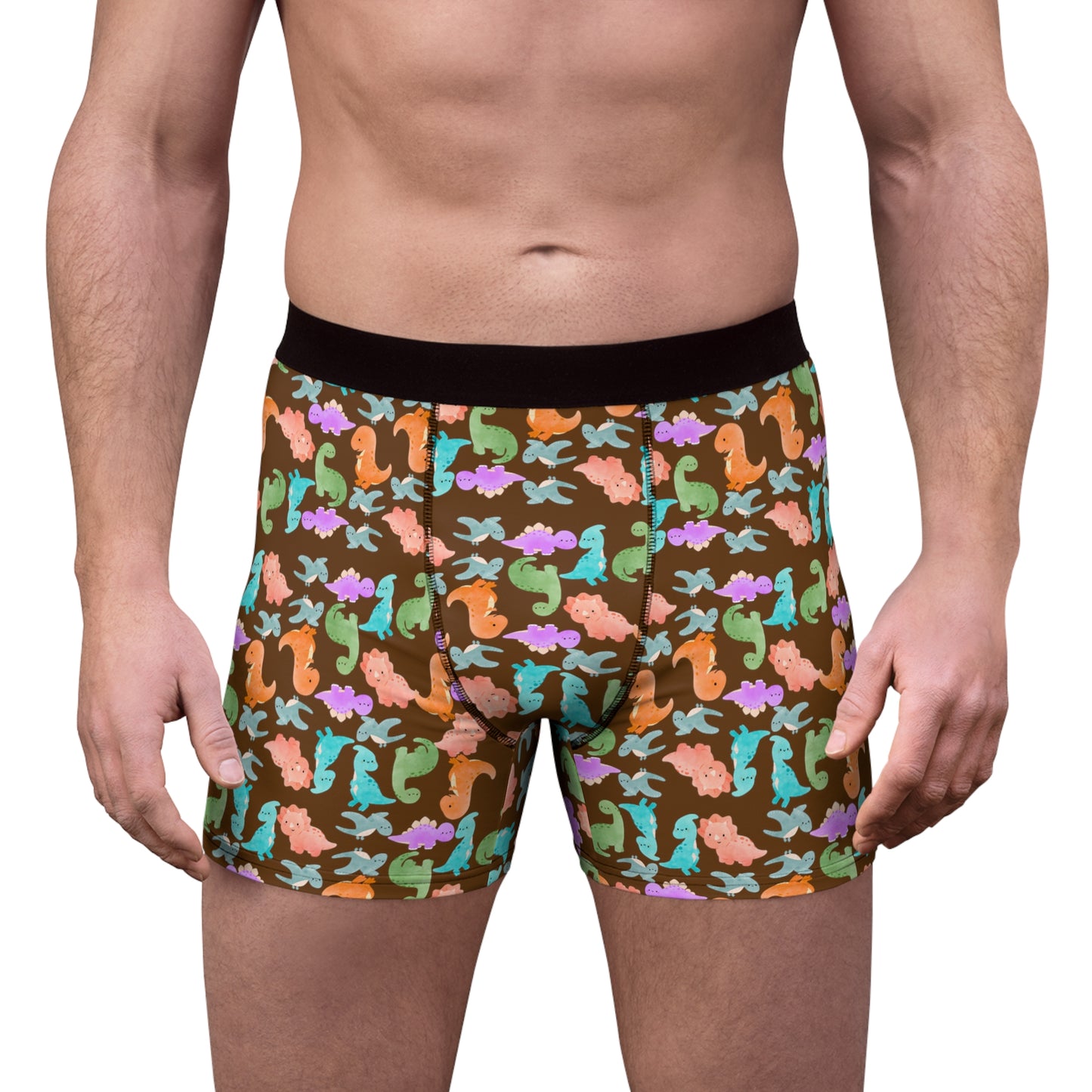 Playful Dino Print Mens Boxer Briefs Fun Underwear Colorful AOP Briefs Gift for Him Beach Vibe Loungewear Rainbow Dinos Brown