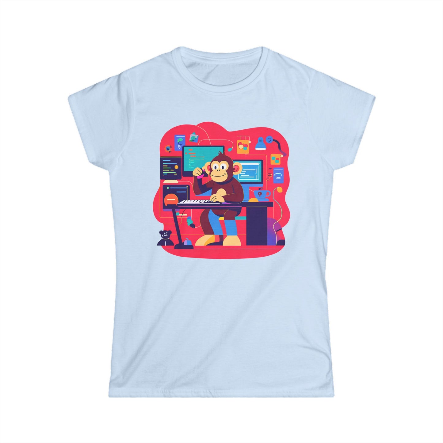 Cute Gamer Monkey Tee, Women's Gaming Shirt, Fun Softstyle Tee, Anime Style T-Shirt, Gift for Gamers, Cute Animal Apparel