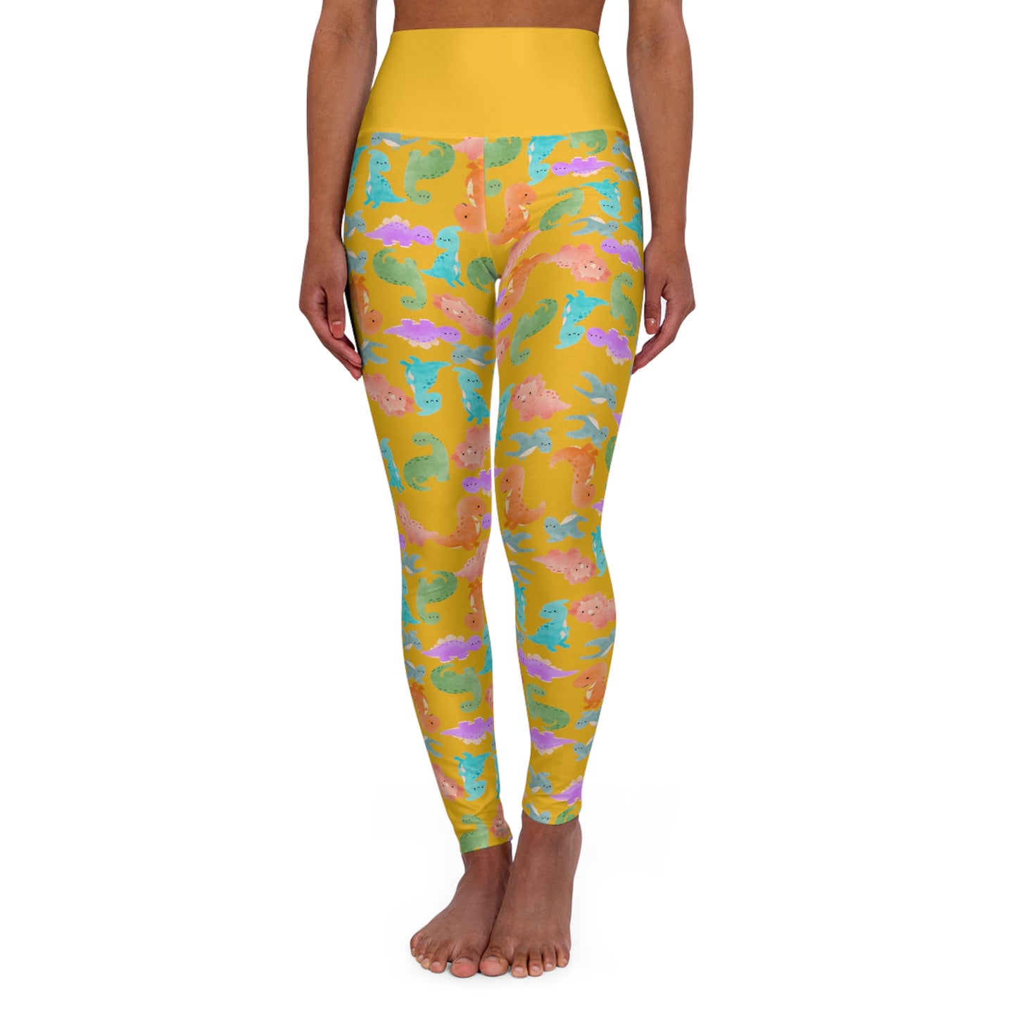 Whimsical Dinosaur Print Yoga Leggings High Waisted Fitness Leggings Party Wear Cute Workout Pants Trendy Sports Leggings Gifts for Her Rainbow Dinos Yellow