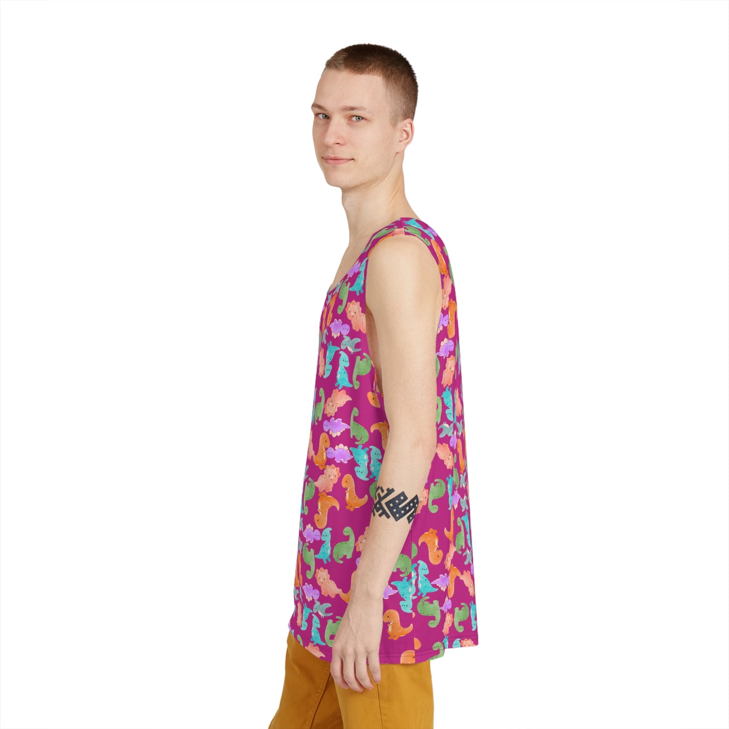 Colorful Dino Mens Tank Top Summer Vibes Beachwear Festival Fashion Casual Clothing Graphic AOP Tee Rainbow Dinos Pink