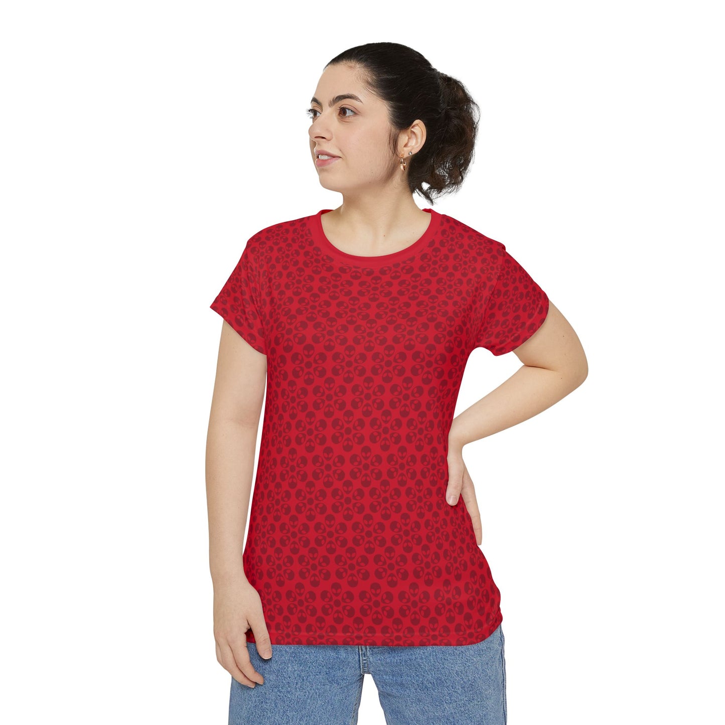 Womens Short Sleeve Shirt Alien Flowers Dark Red