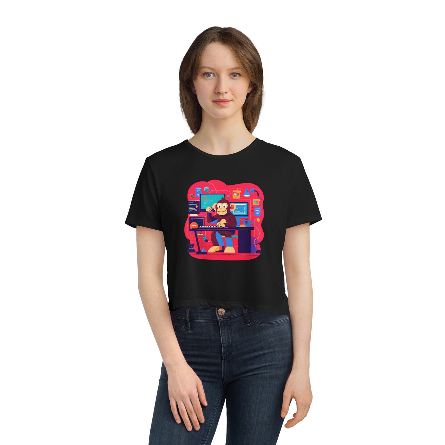 Retro Gamer Women's Flowy Cropped Tee, Cute Graphic Tee, Casual Wear, Gift for Gamers, Fun Summer Top, Kids Birthday Present