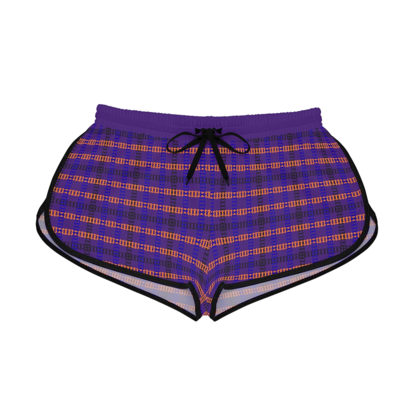 Cozy Casual Womens Shorts Perfect for Summer Days Lounging Beach or Sleepwear AOP Plaid Design Train Tracks Purple