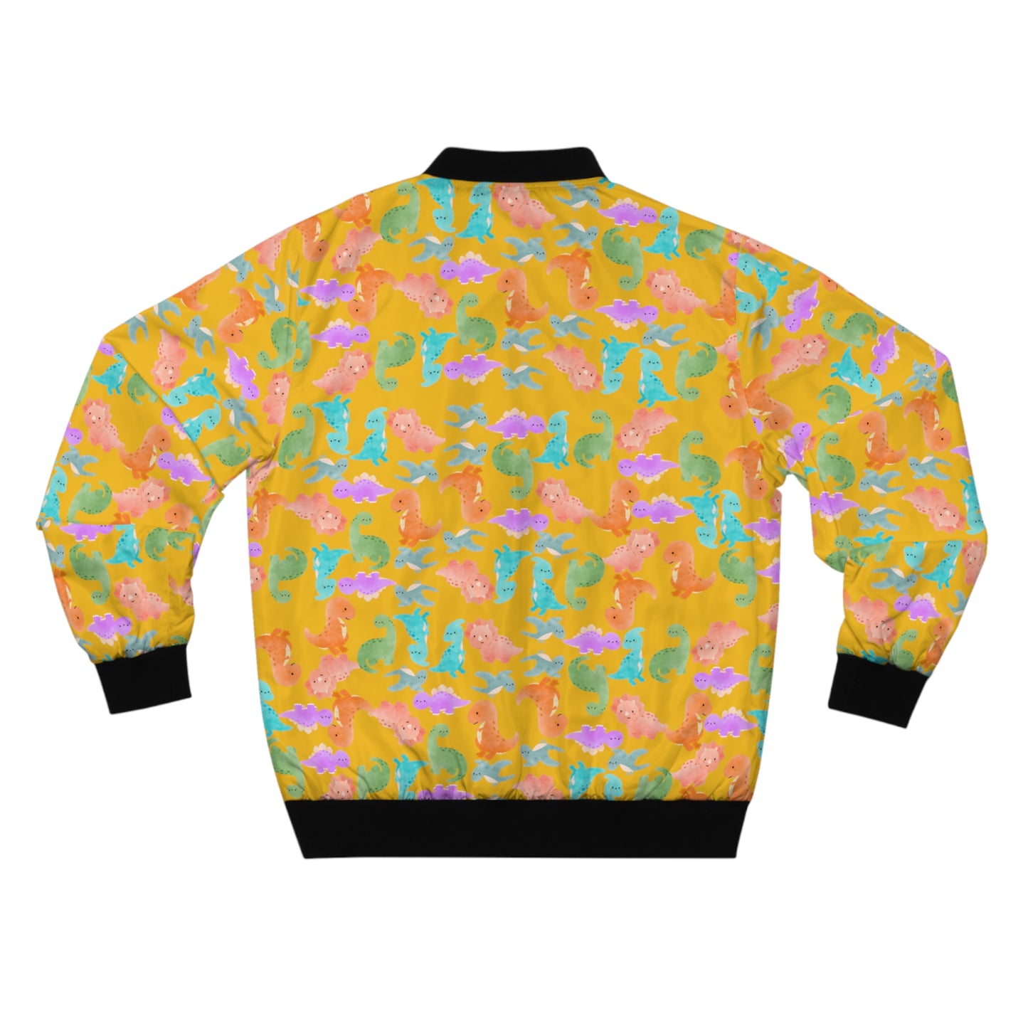 Colorful Dinosaur Mens Bomber Jacket Trendy Outerwear for Casual Outings Unique Gift for Dinosaur Lovers Festival Style Rainbow Dinos Yellow