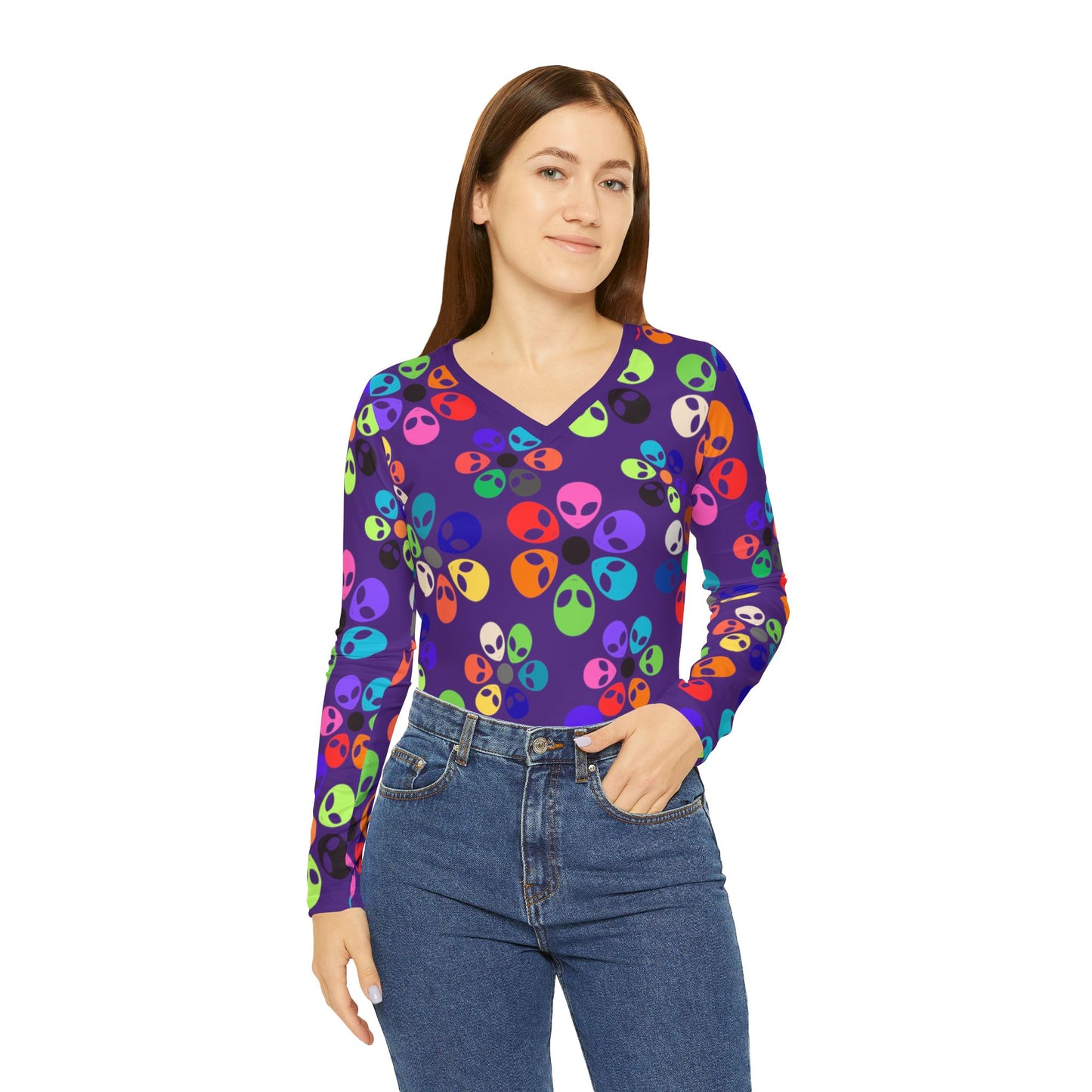 Colorful Alien Print Womens Long Sleeve VNeck Shirt Fun VNeck Tee Boho Style Top Unique Gift for SciFi Lovers Casual Everyday Wear Alien Rainbow Flowers Purple
