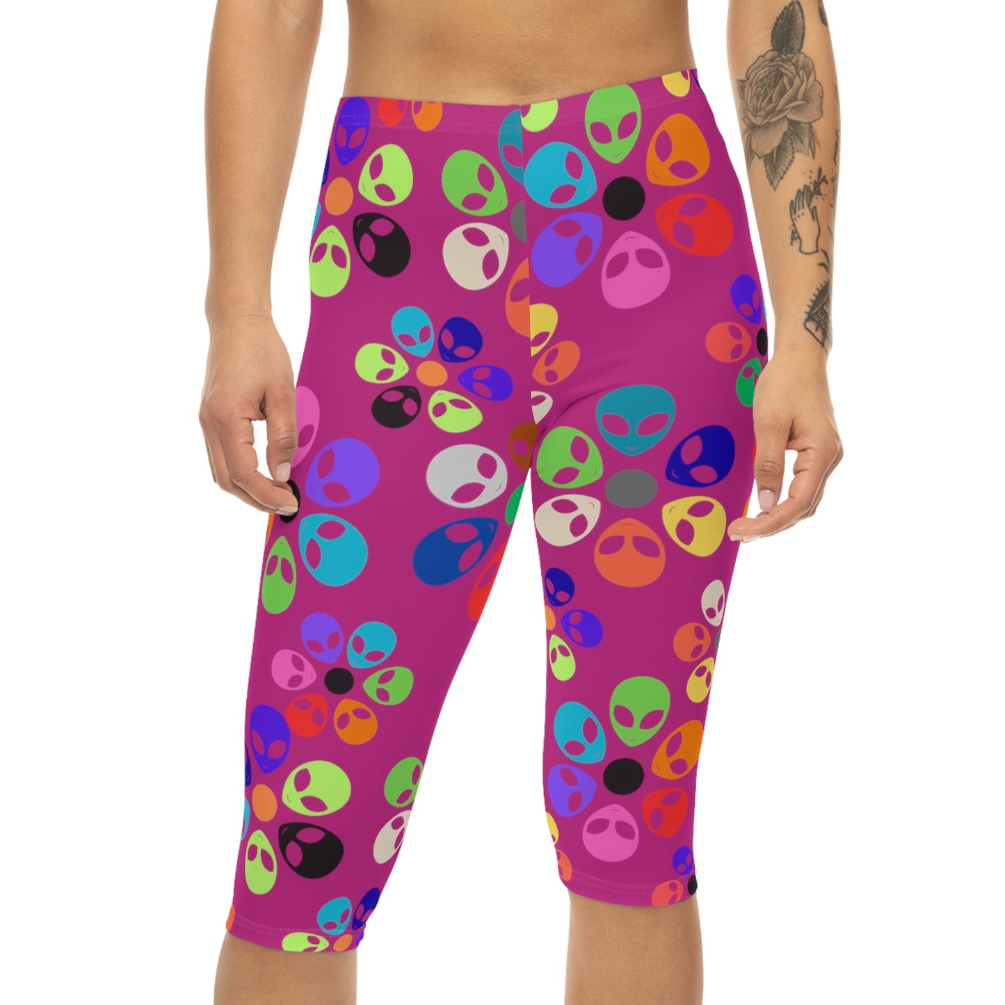 Vibrant Alien Print Capri Leggings for Women Fun Workout Pants Festival Wear Casual Summer Stylish Leggings Unique Gift Idea Alien Rainbow Flowers Pink