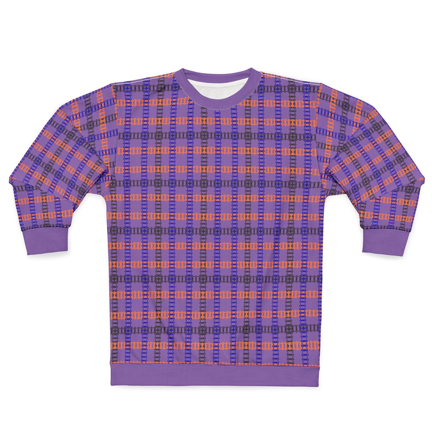 Cozy Plaid Unisex Sweatshirt Perfect for Fall Casual Wear Gift for Him/Her Halloween Warm & Stylish Train Tracks Light Purple