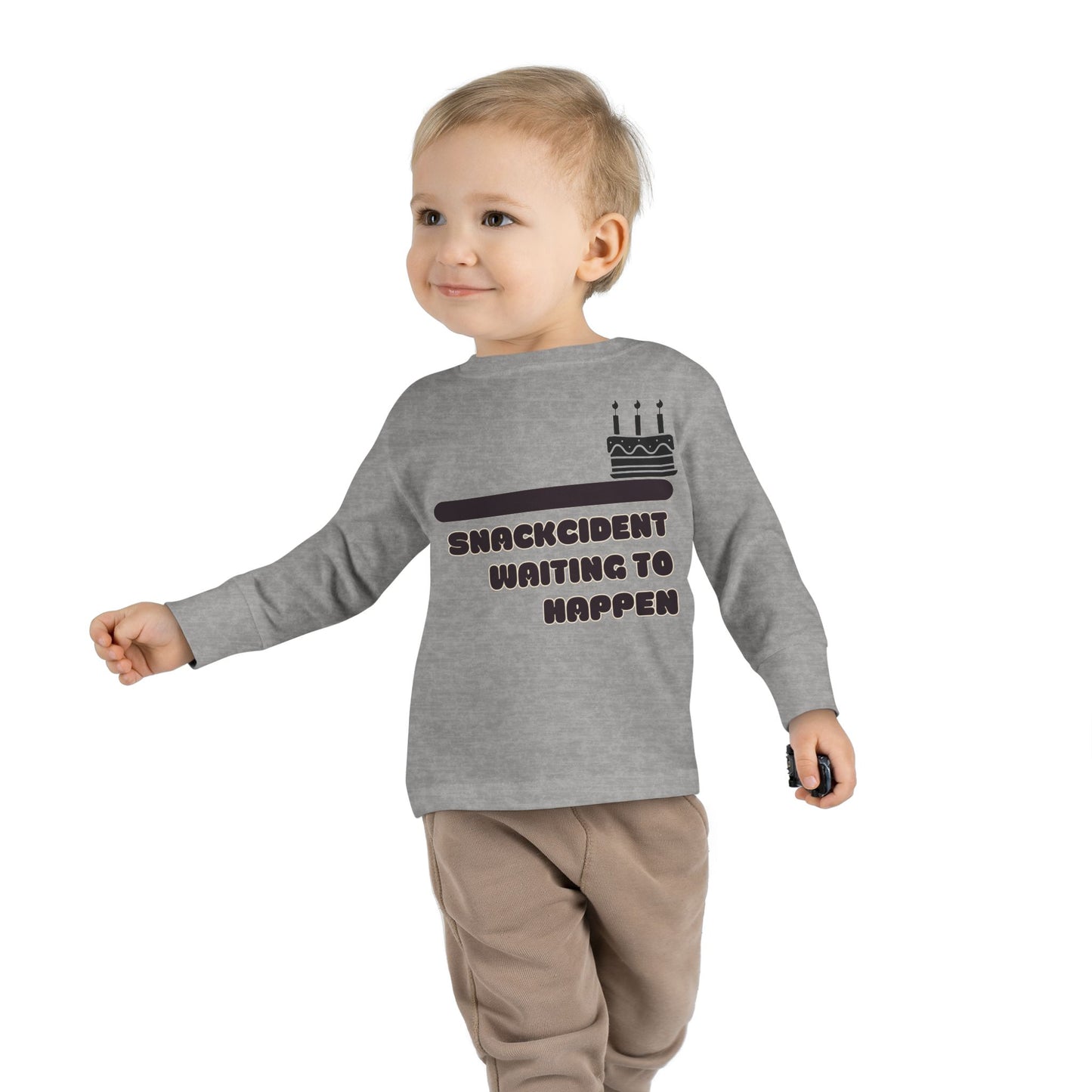 Snackcident Waiting to Happen Toddler Long Sleeve Tee | Cute Kids Shirt | Fun Gift for Birthdays, Playdates, Parties, Food Lovers