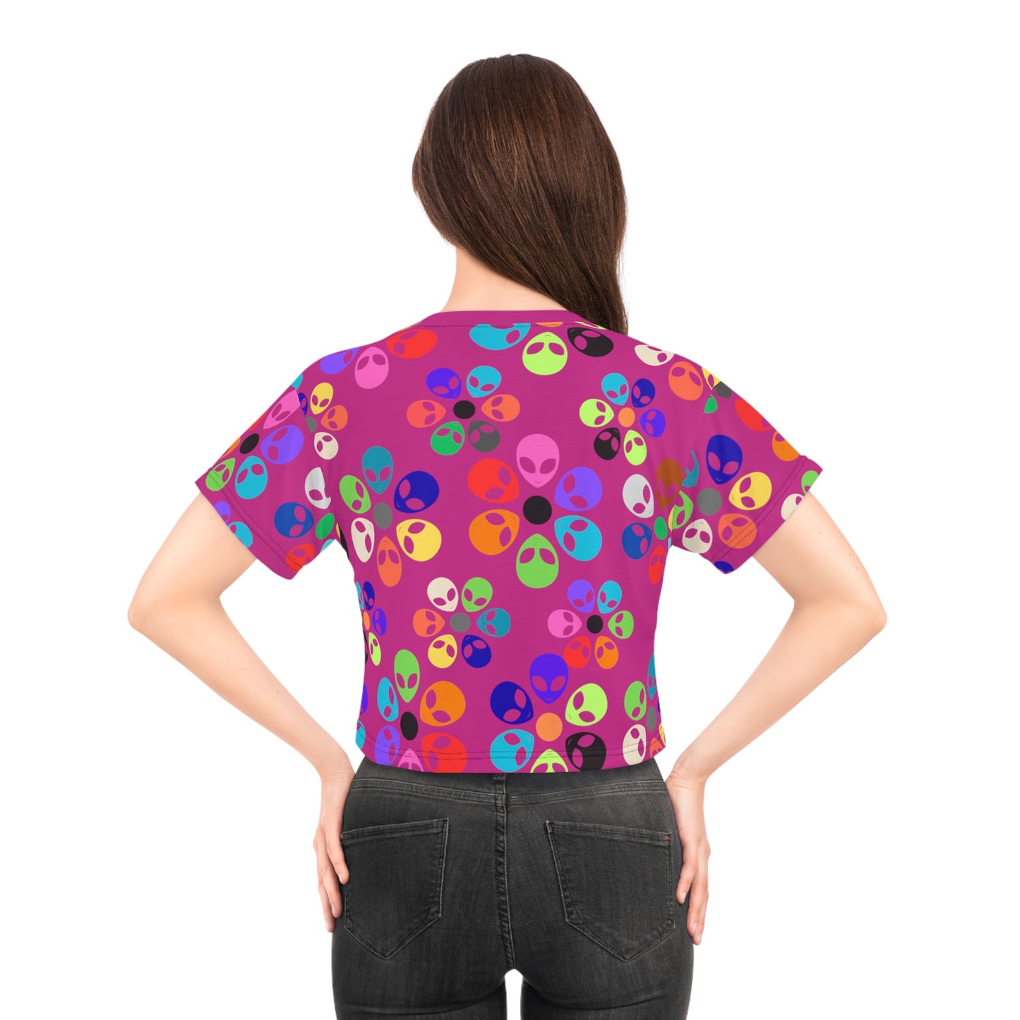 Colorful Alien Print Crop Tee Fun Crop Top Gift for UFO Lovers Casual Summer Tee Trendy Graphic Shirt Unique Festival Wear Alien Rainbow Flowers Pink