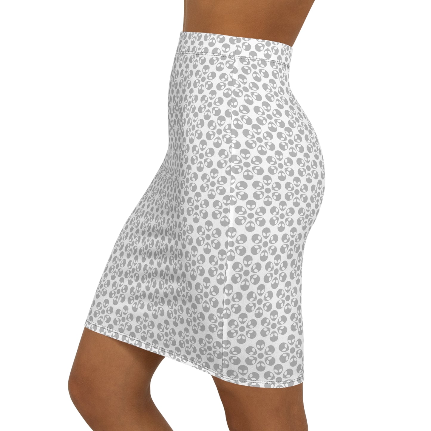 Womens MidWaist Pencil Skirt Alien Flowers White