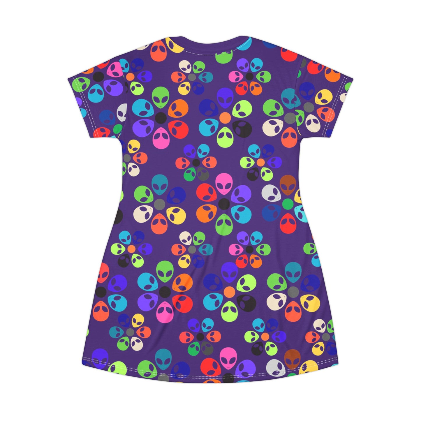 Colorful Alien TShirt Dress | Fun Casual Wear Summer Dress Festival Outfit Gift for UFO Lovers Unique Print Alien Rainbow Flowers Purple