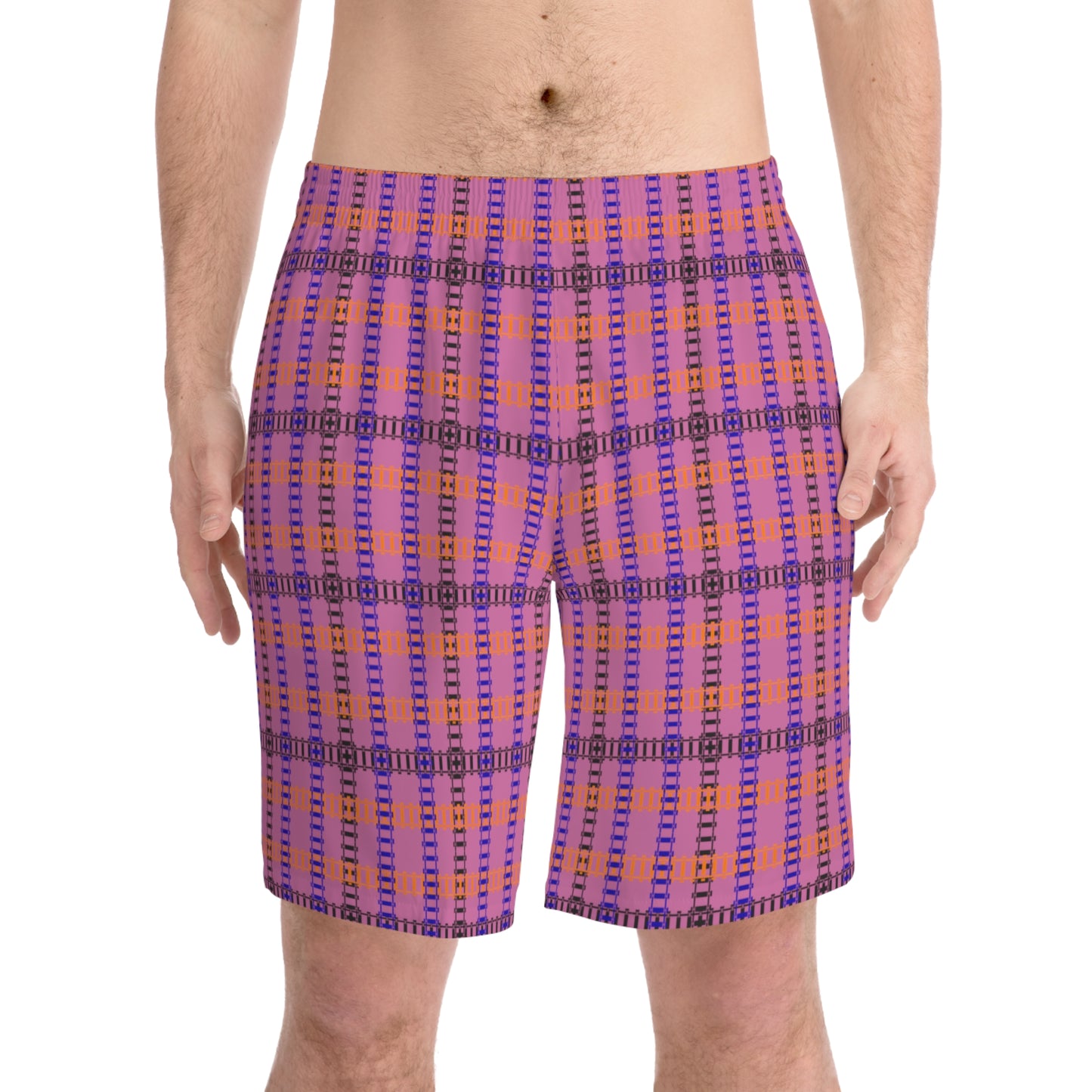 Mens Elastic Beach Shorts Vibrant Plaid Print Casual Swimwear Summer Essentials Vacation Attire Poolside Fashion Beach Day Train Tracks Light Pink