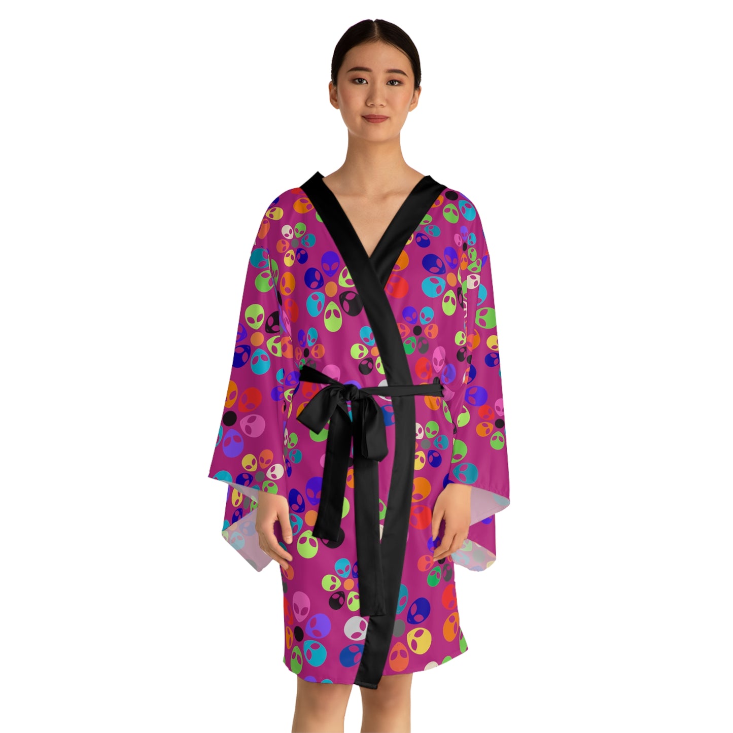 Colorful Floral Long Sleeve Kimono Robe Boho Fashion Relaxed Loungewear Perfect for Home Spa Days or Festivals Alien Rainbow Flowers Pink