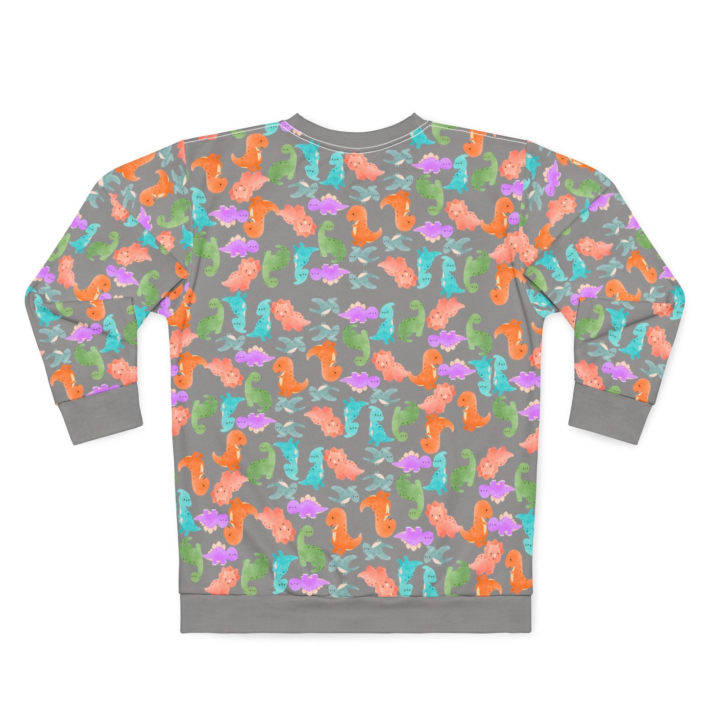 Colorful Dino Unisex Sweatshirt Ocean Vibe Apparel AOP Pullover for Beach Lovers Gift for Sea Life Enthusiasts Casual Cozy Wear Rainbow Dinos Grey