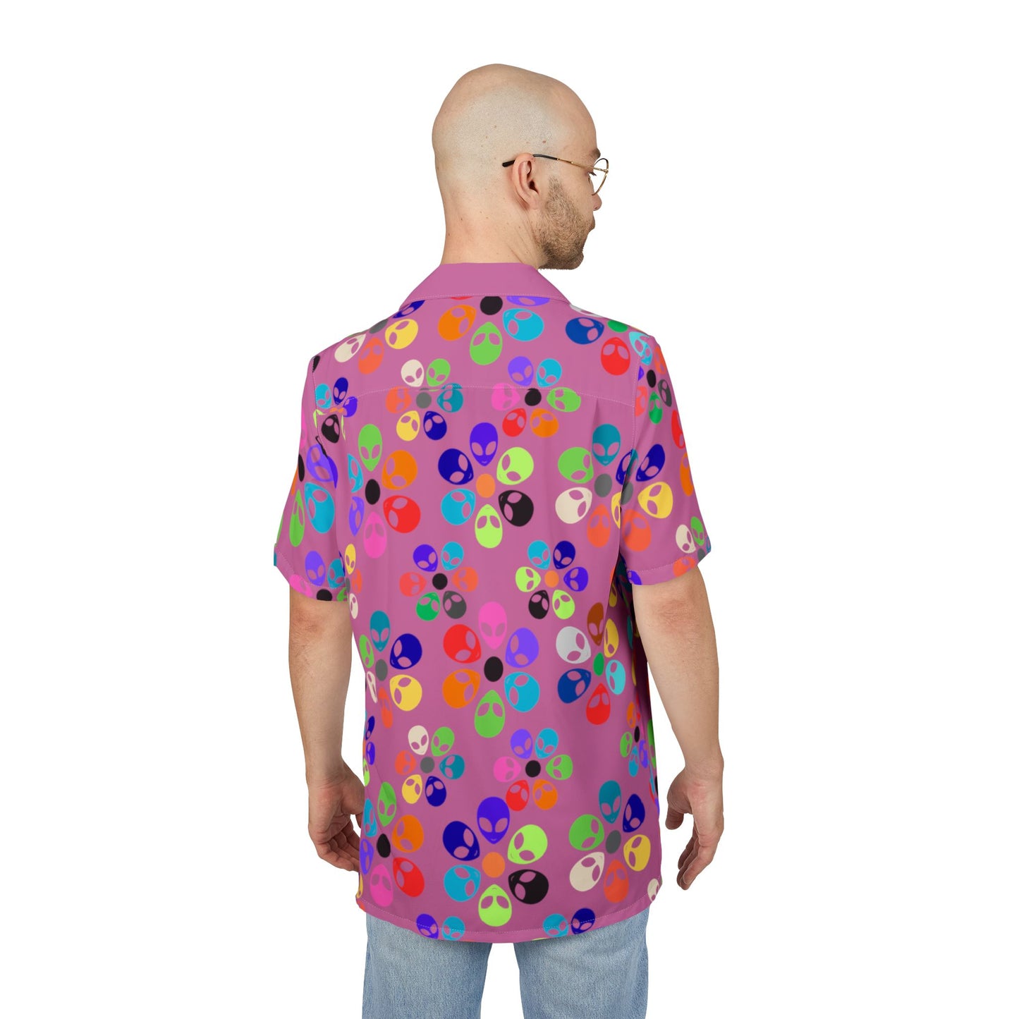 Vibrant Alien Print Hawaiian Shirt Unisex Summer ButtonUp Beachwear Vacation Outfit Festival Apparel Colorful Party Shirt Alien Rainbow Flowers Light Pink