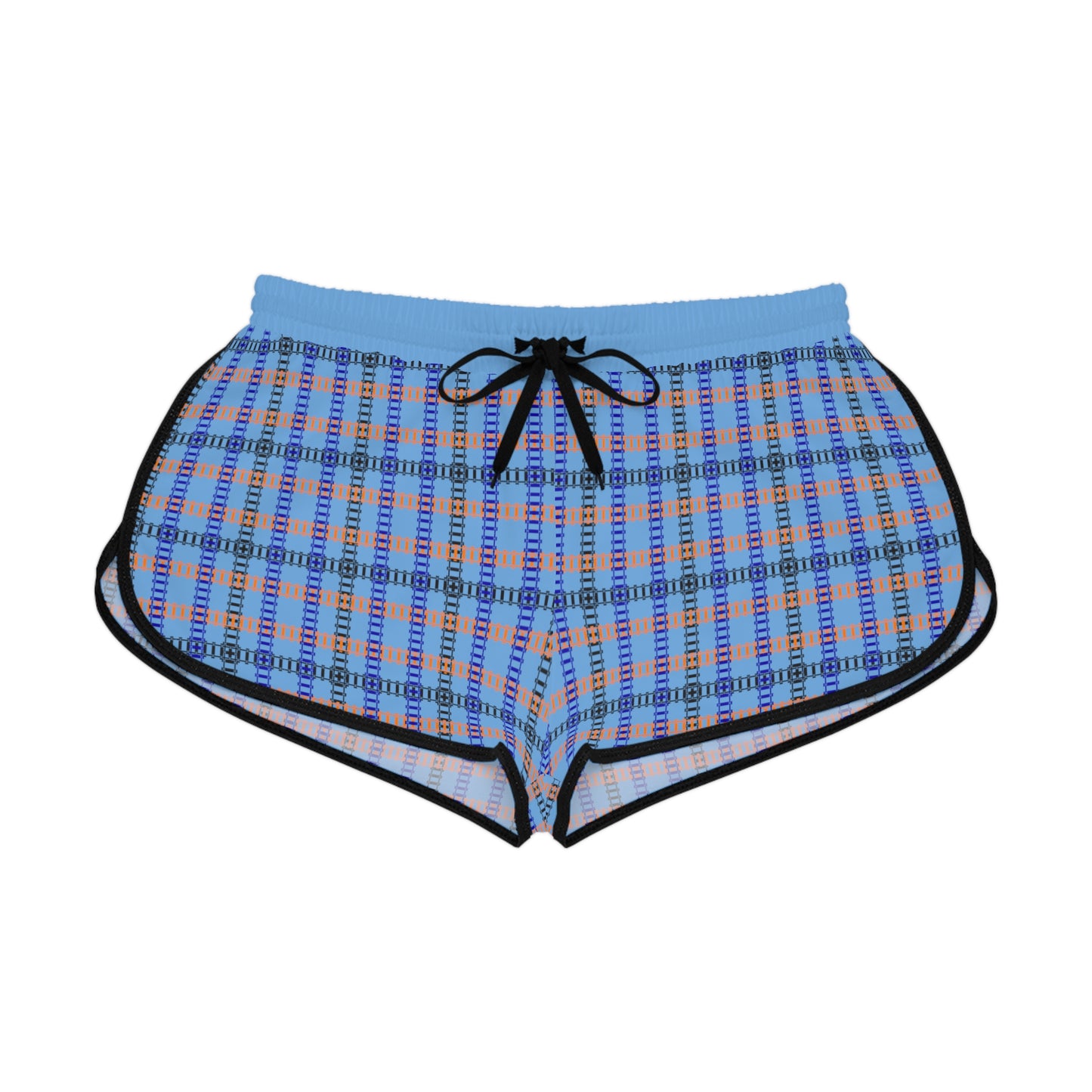 Cozy Casual Womens Shorts Perfect for Summer Days Lounging Beach or Sleepwear AOP Plaid Design Train Tracks Light Blue