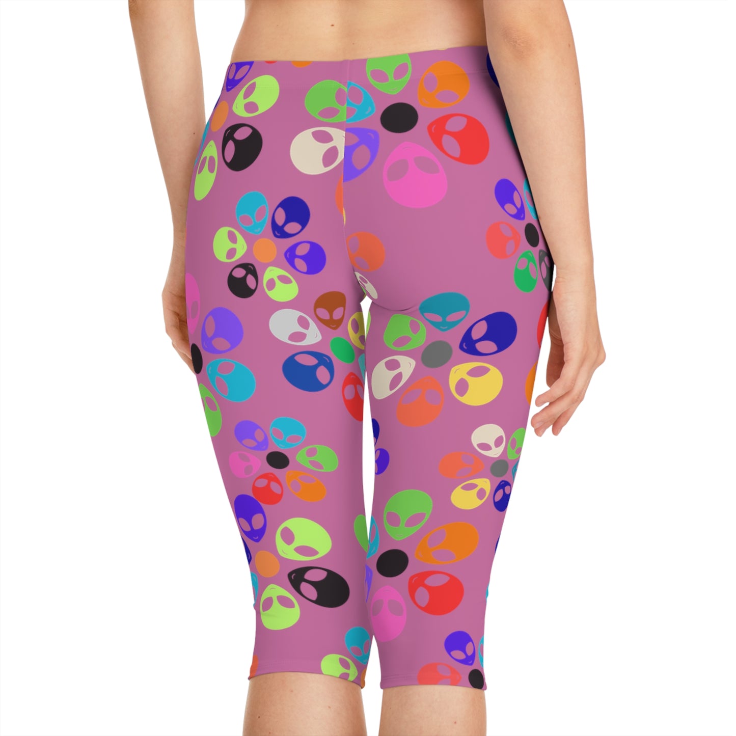 Colorful Alien Floral Capri Leggings Fun Fitness Pants Yoga Wear Unique Beachwear Festival Style Casual Summer Outfit Alien Rainbow Flowers Light Pink