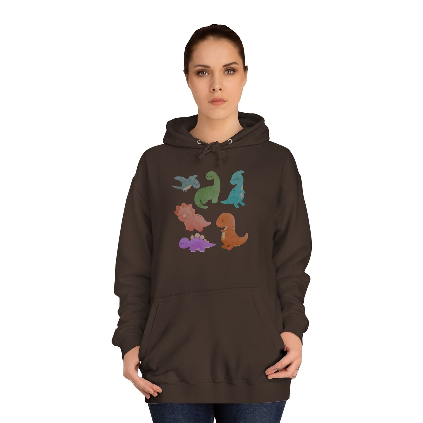 Unisex College Hoodie Colorful Dino - Cozy Casual Sweatshirt for Students, Perfect for Campus Life, Gift for Graduation, School Spirit Wear