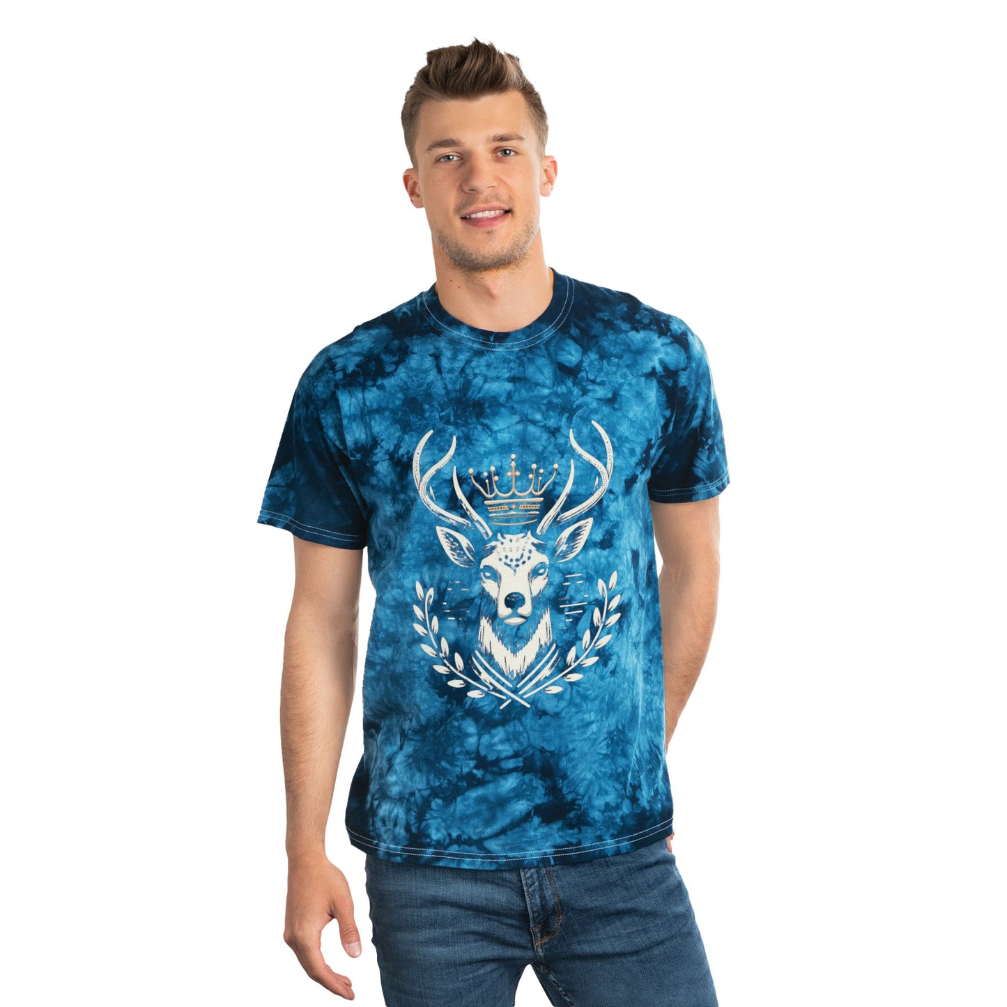 Blue Tie-Dye T-Shirt with Majestic Deer Design - Oh Deer Lord