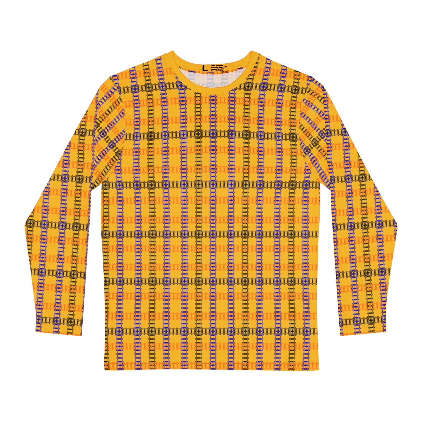 Vibrant Plaid Mens Long Sleeve Shirt Cozy Outfit Casual Wear Stylish Layering Perfect for Fall and Winter Train Tracks Yellow