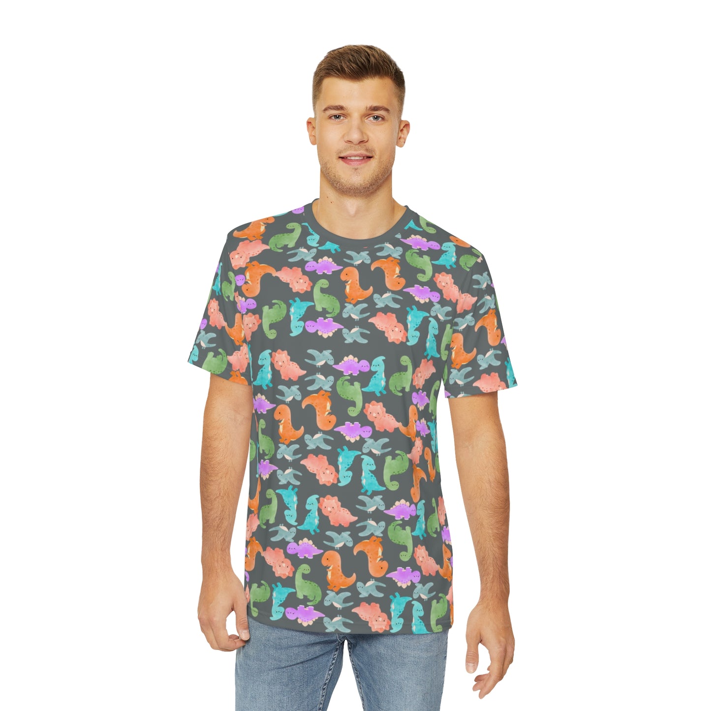 Colorful Dino Tee Fun Playful Shirt for Ocean Lovers Casual Wear Summer Outfits Beach Activities Gifts for Him Rainbow Dinos Dark Grey
