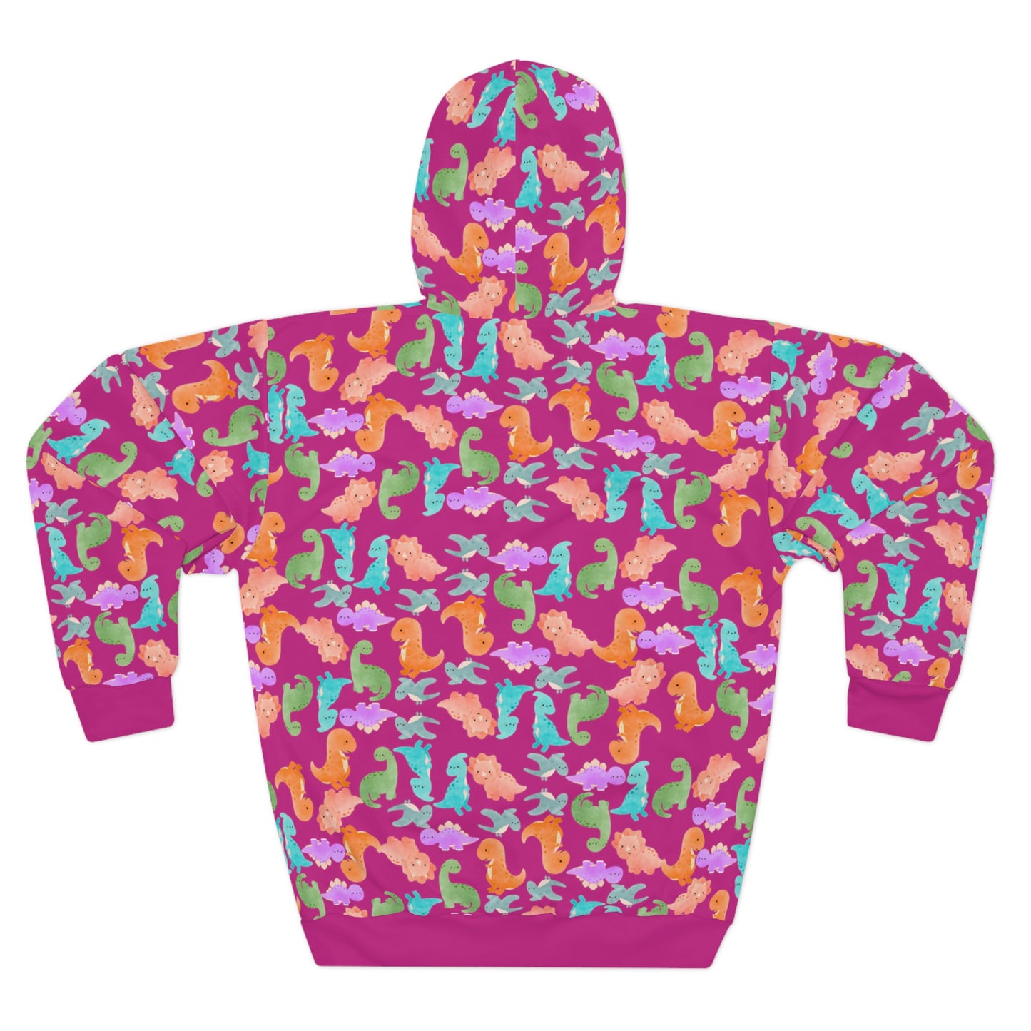Colorful Dino Unisex Pullover Hoodie Cozy Beach Vibe Sweatshirt Gift for Ocean Lovers Fun Casual Wear Homewear Rainbow Dinos Pink