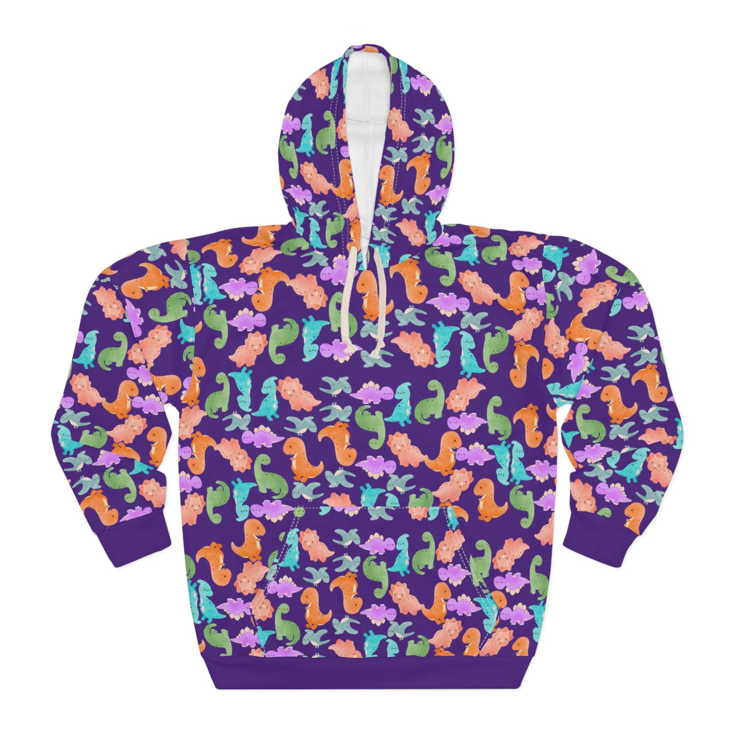 Colorful Dino Unisex Pullover Hoodie Cozy Beach Vibe Sweatshirt Gift for Ocean Lovers Fun Casual Wear Homewear Rainbow Dinos Purple