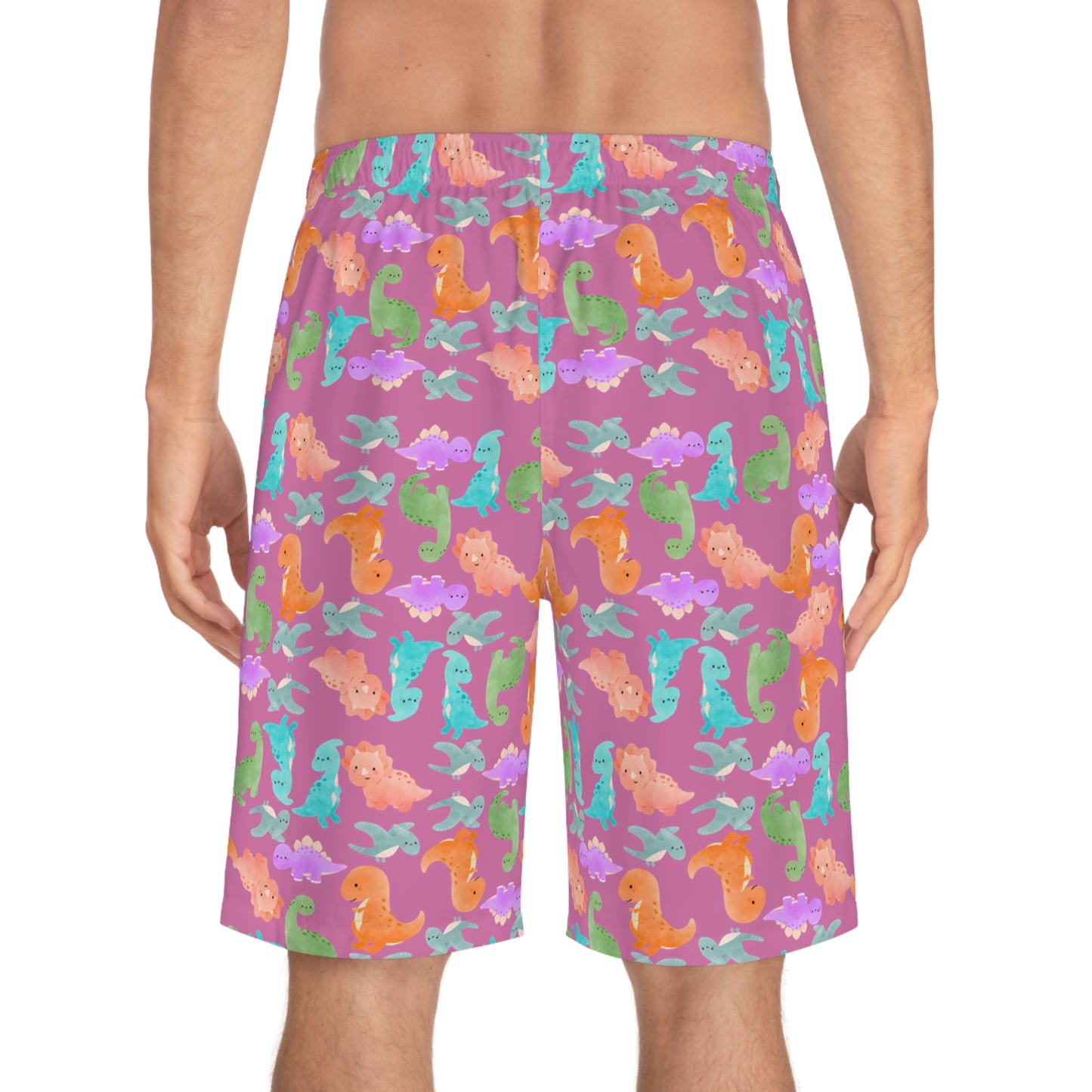 Dino Print Mens Board Shorts Summer Swimwear Beach Wear Vacation Essentials Gift for Him Rainbow Dinos Light Pink