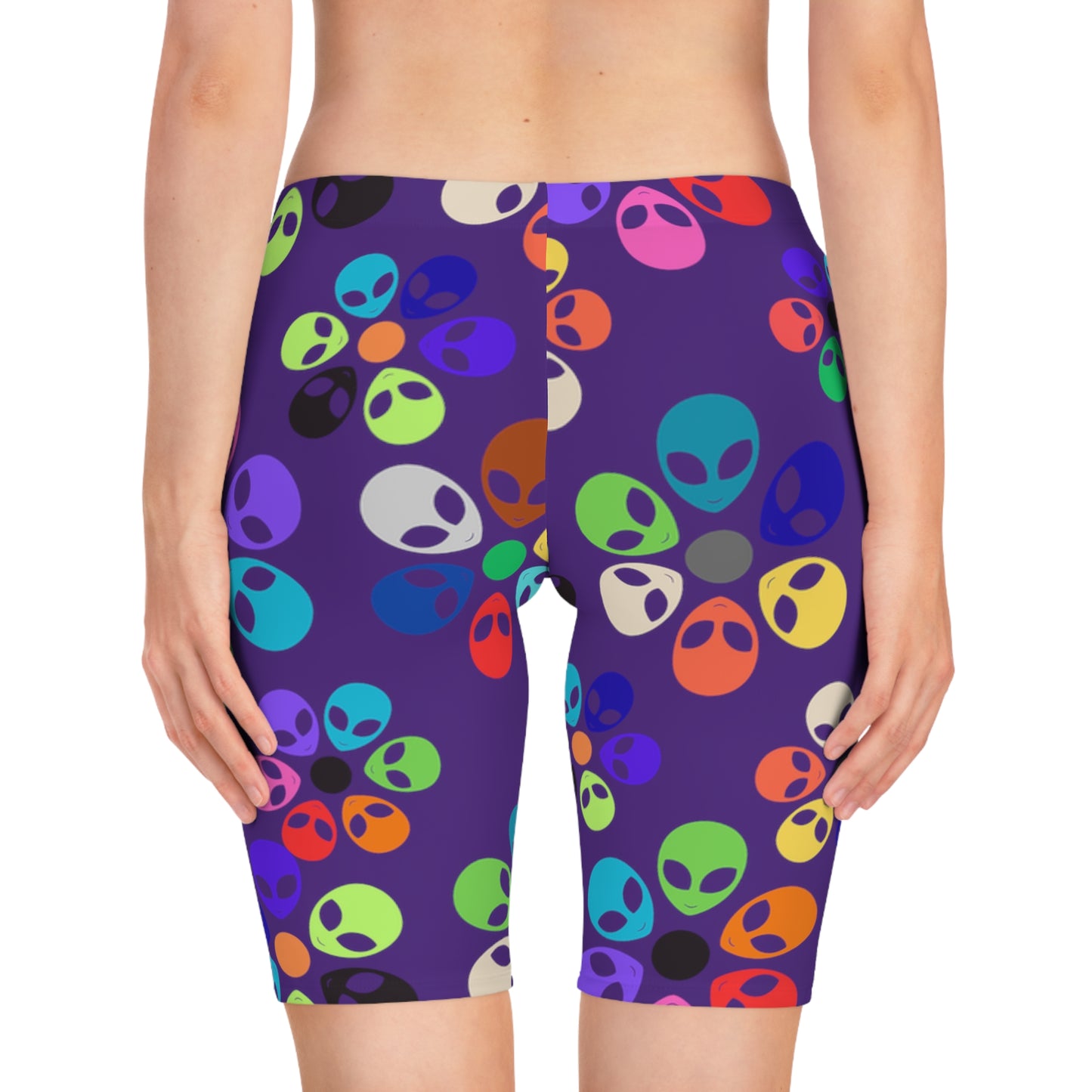 Colorful Alien Flower Womens Bike Shorts | Fun Activewear Summer Exercise Festival Outfit Yoga Fitness Gear Alien Rainbow Flowers Purple