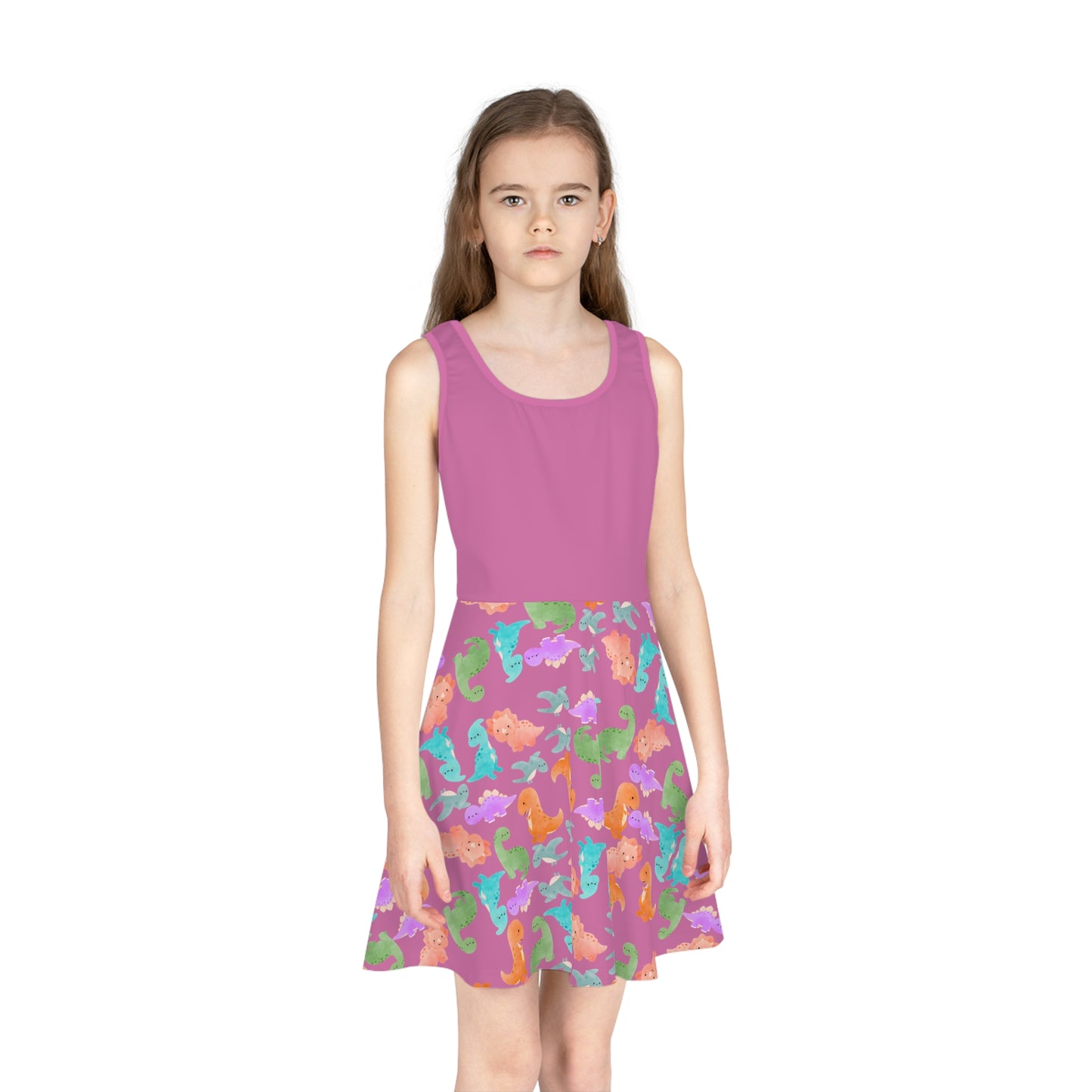 Colorful Dino Print Girls Sleeveless Sundress Summer Dress Beachwear Birthday Gift Toddler Outfit Playful Sundress Rainbow Dinos Light Pink
