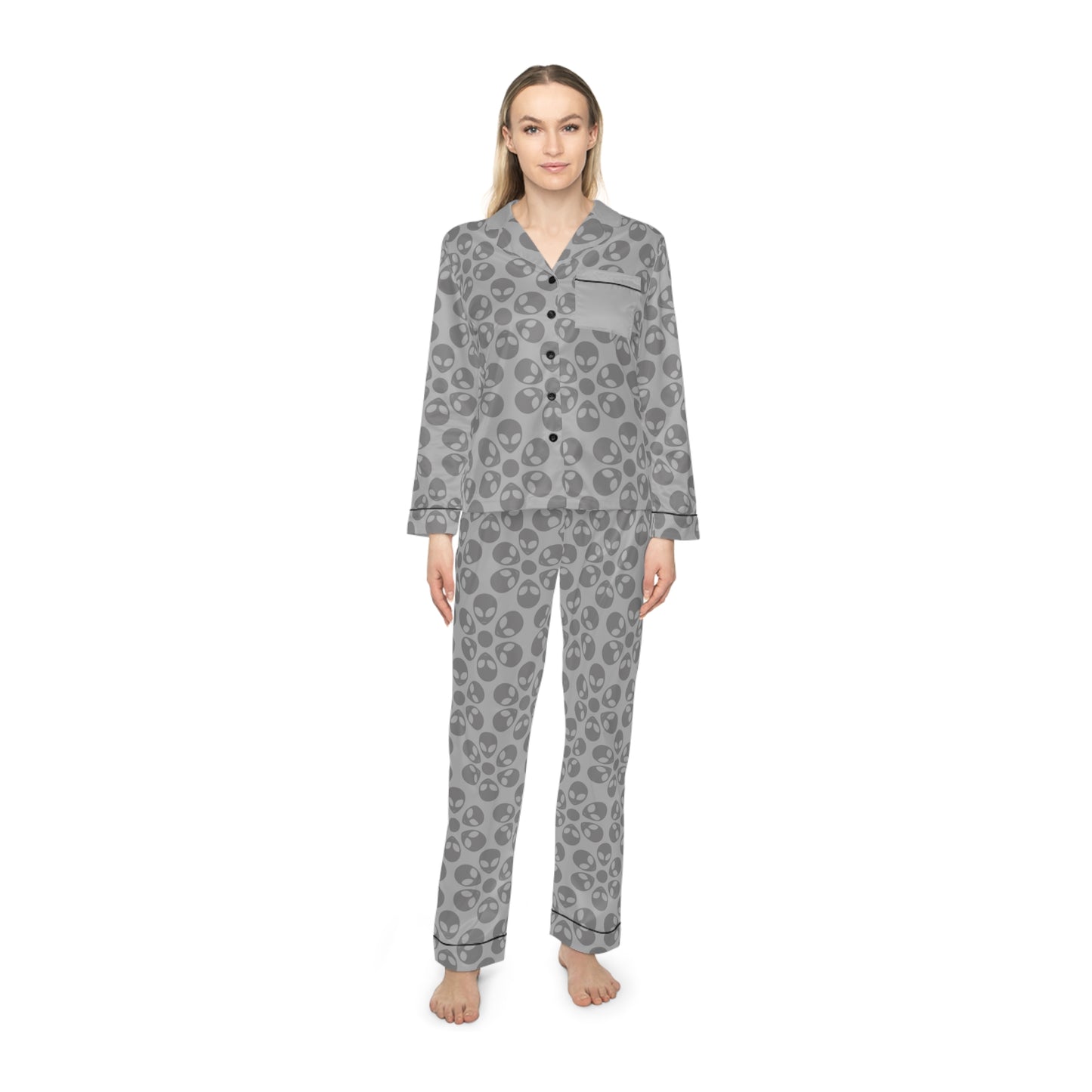 Womens Satin Pajamas Alien Flowers Light Grey