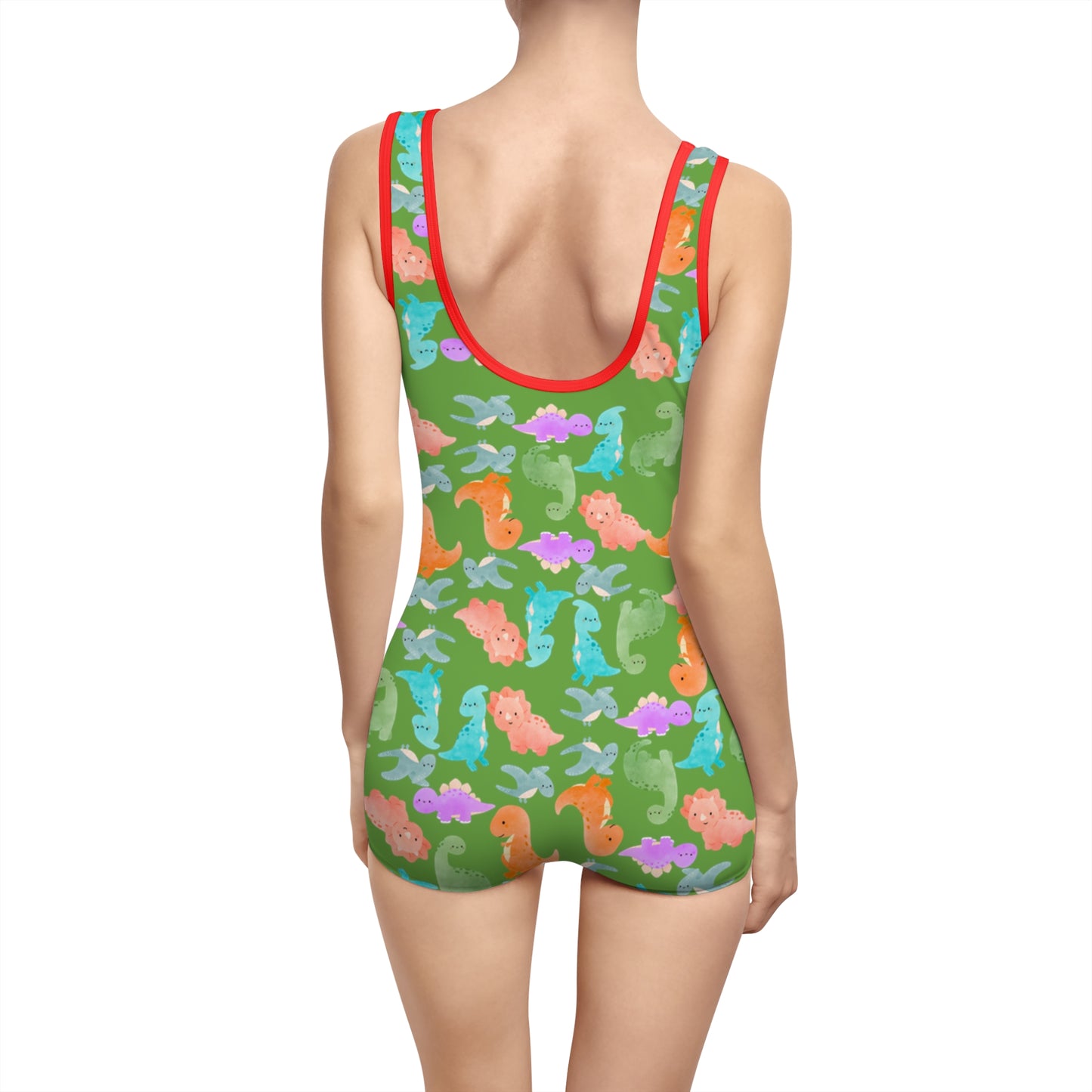 Vintage Dino Print Womens Swimsuit Retro Bathing Suit Summer Beachwear Pool Party Outfit Unique Swimwear Gift Rainbow Dinos Green