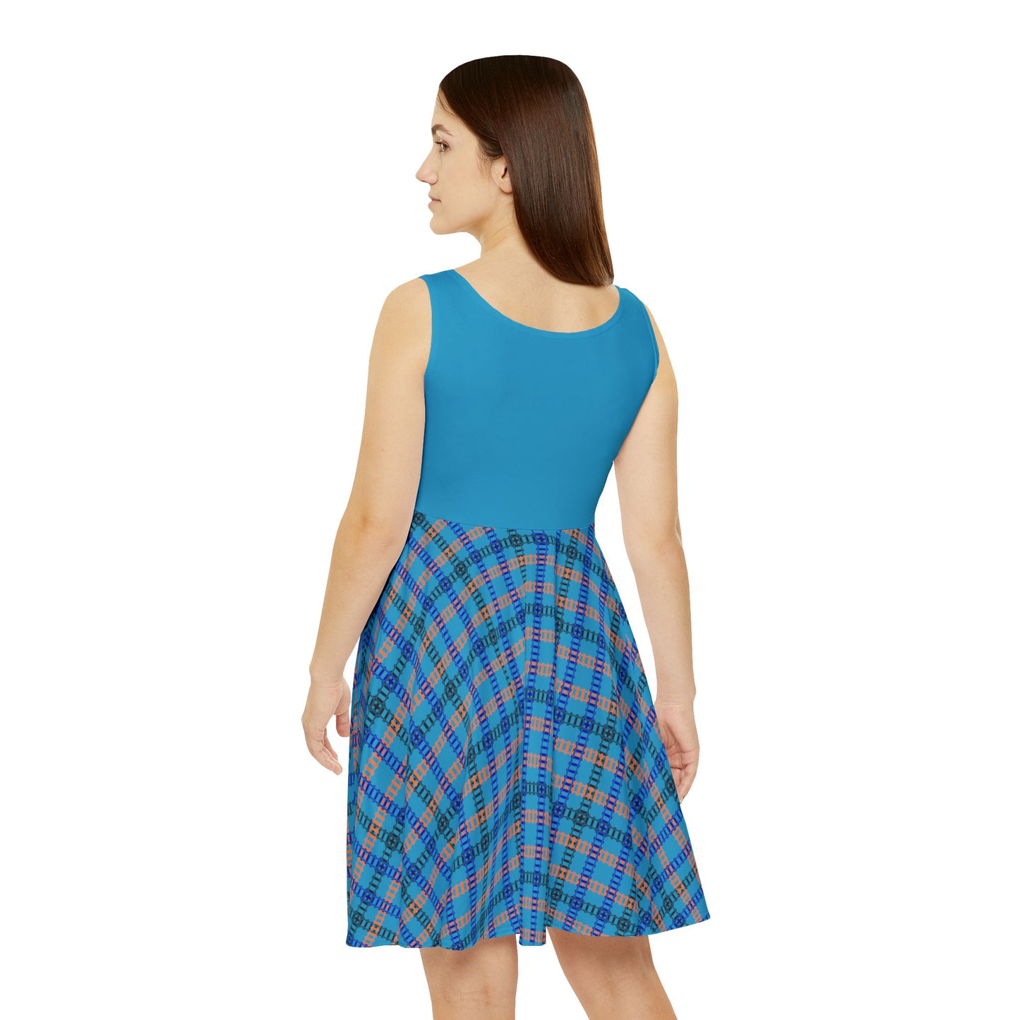 Chic Womens Skater Dress Plaid AOP Dress for Everyday Wear Summer Party Dress Casual Outing Festival Fashion Gift for Her Train Tracks Turquoise