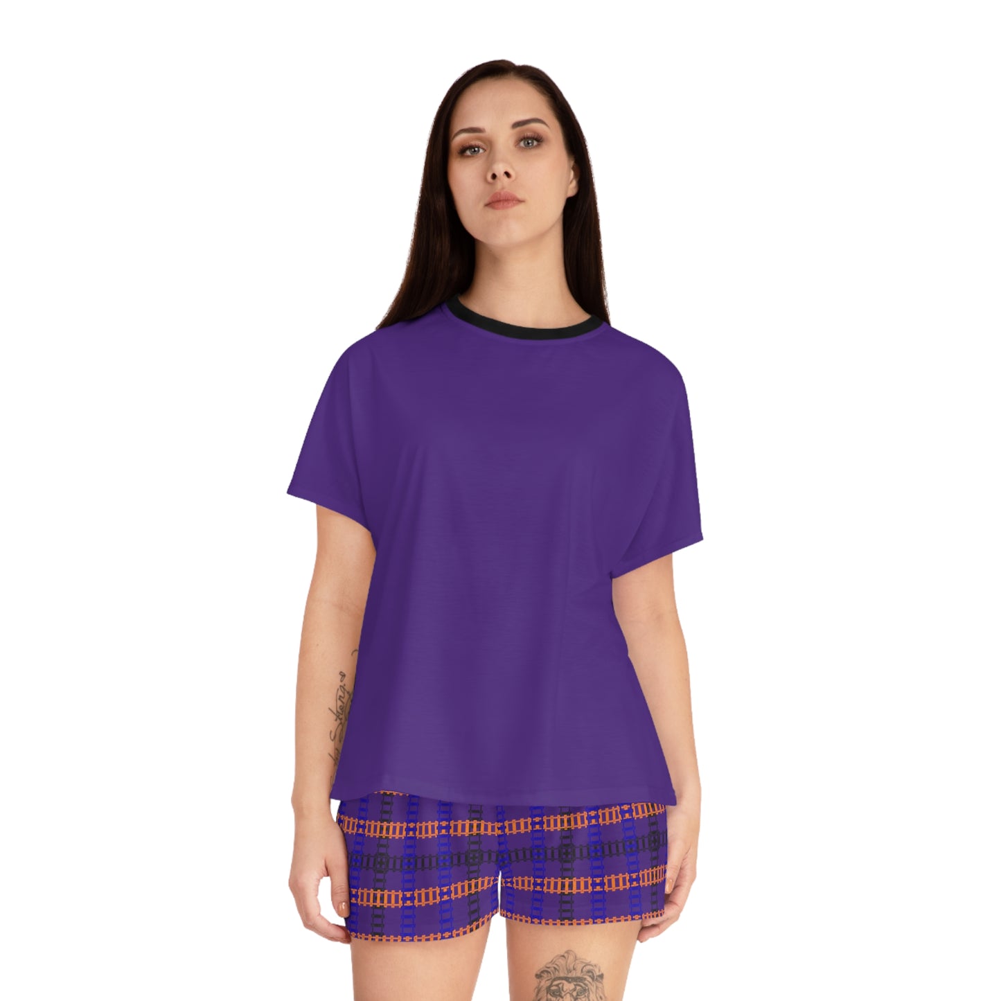 Cozy Womens Pajama Set for Relaxation Sleepwear Loungewear Gift for Her Stylish AOP Design Train Tracks Purple